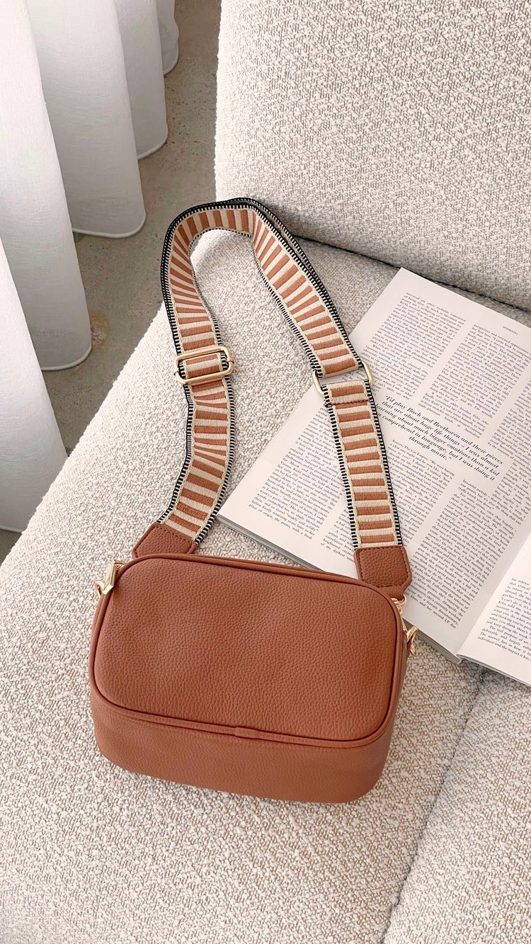 Bella Vegan Leather Camera Bag with Striped Webbing Strap – Tan