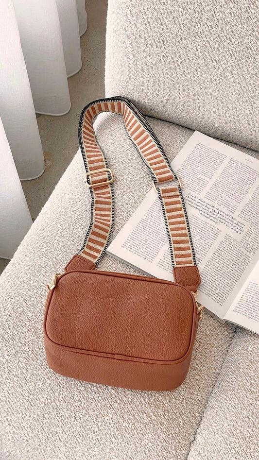 Bella Vegan Leather Camera Bag with Striped Webbing Strap – Tan