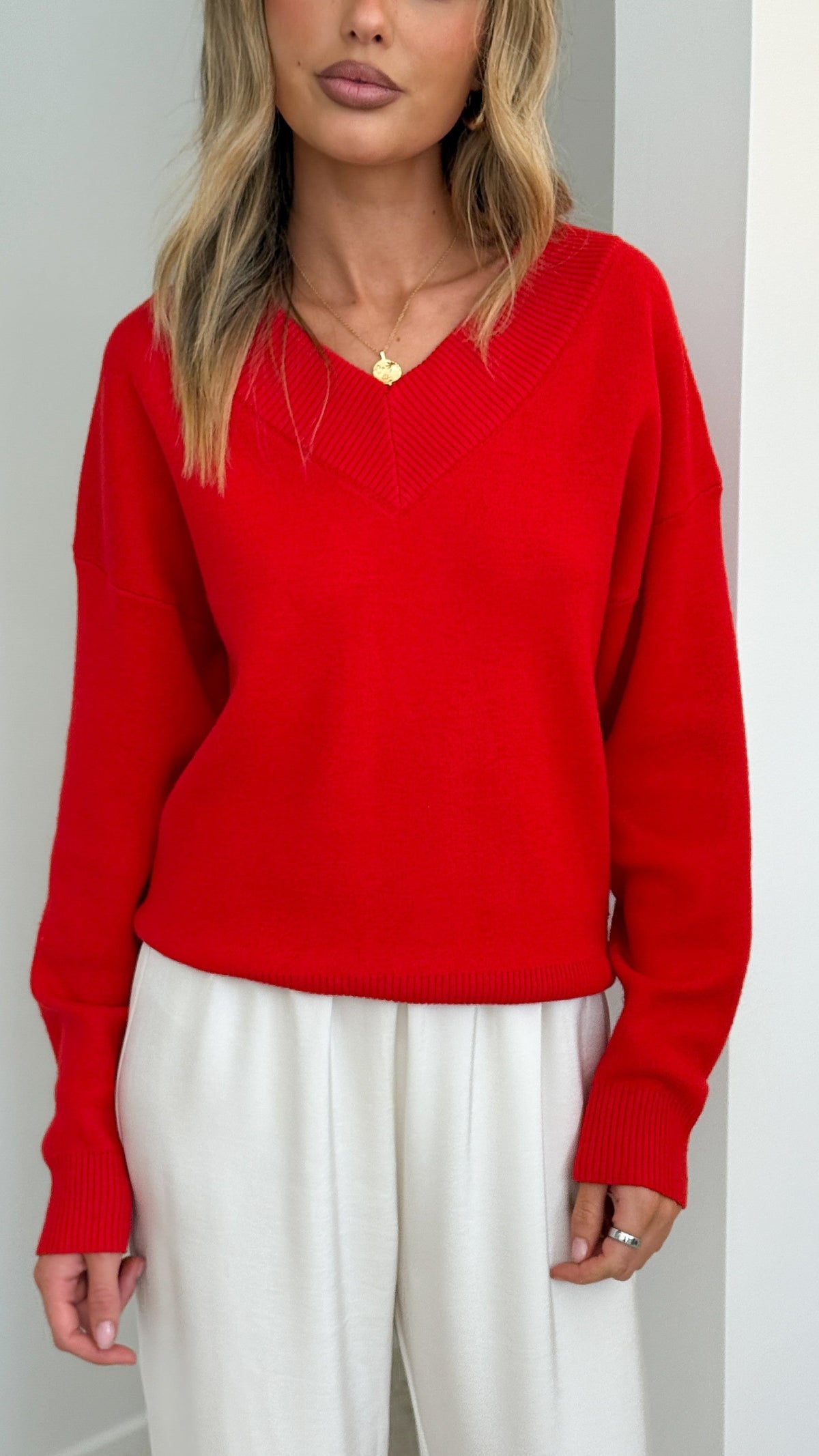 Sophie V Neck Relaxed Fit Soft Knit Jumper – Red – view 4