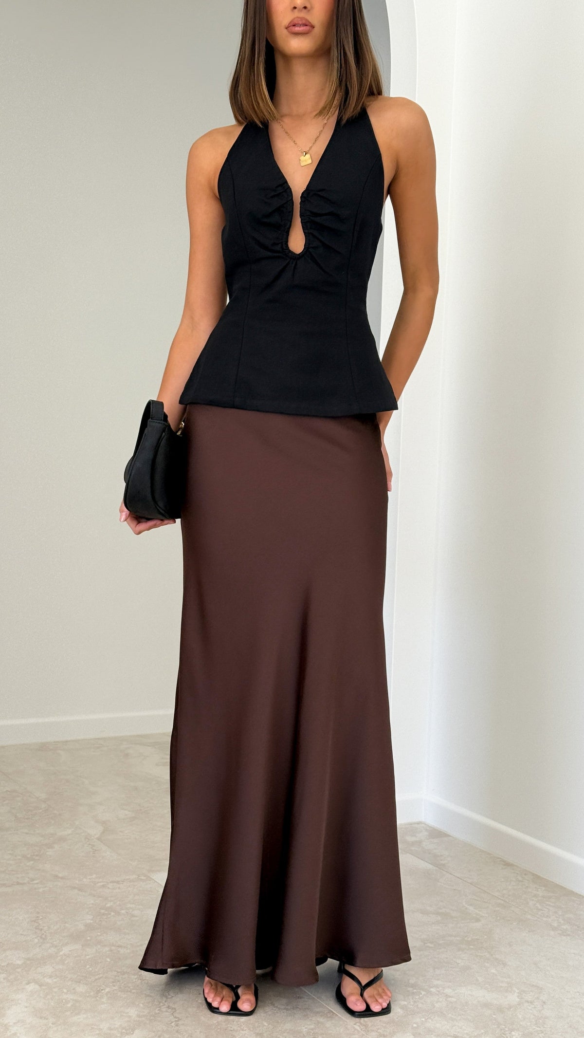 Jayliah Satin Feel A-Line Lined Maxi Skirt – Chocolate – view 4