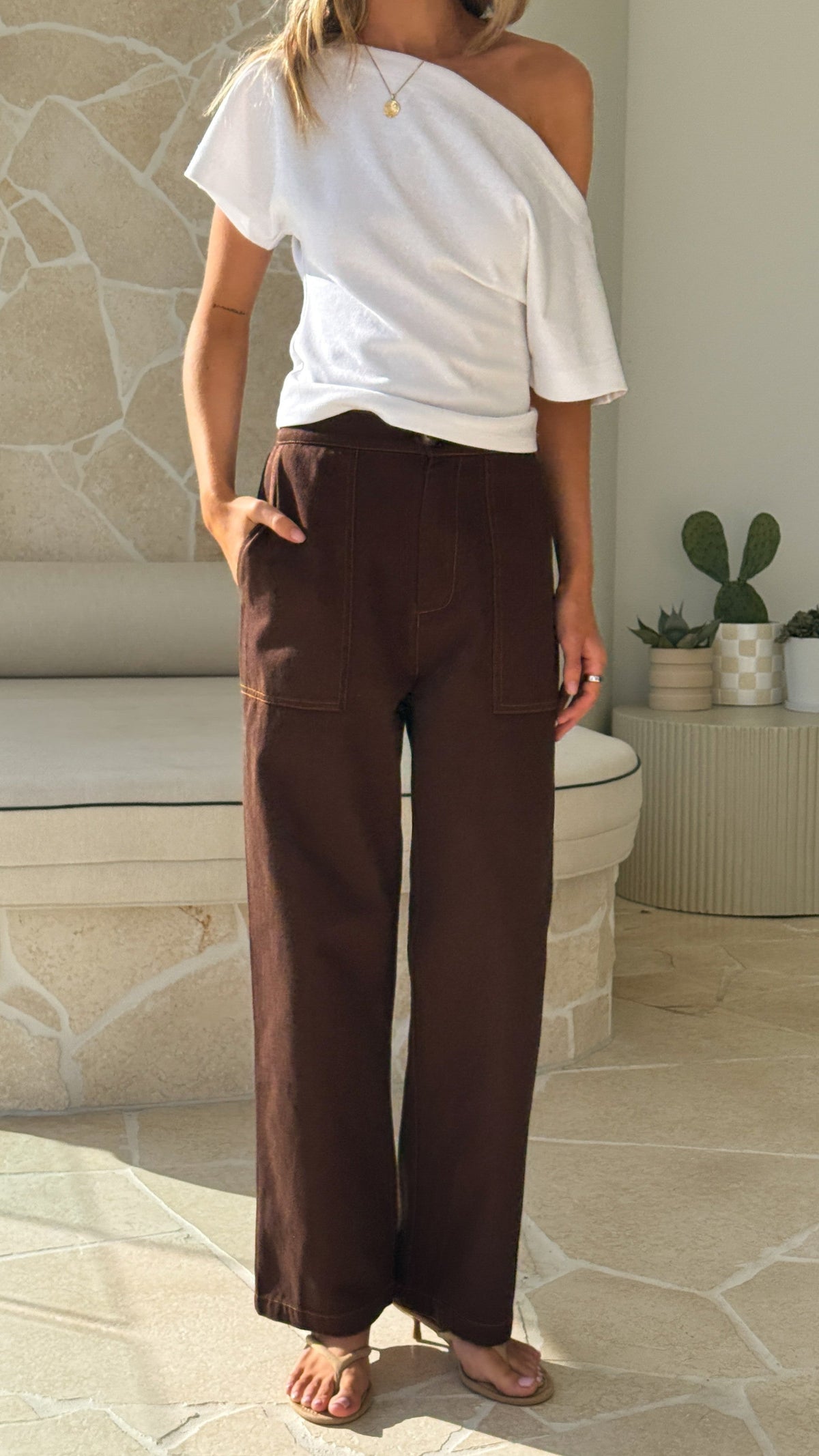 Amy High Waisted Semi-Elasticated Trousers – Chocolate Denim – view 5