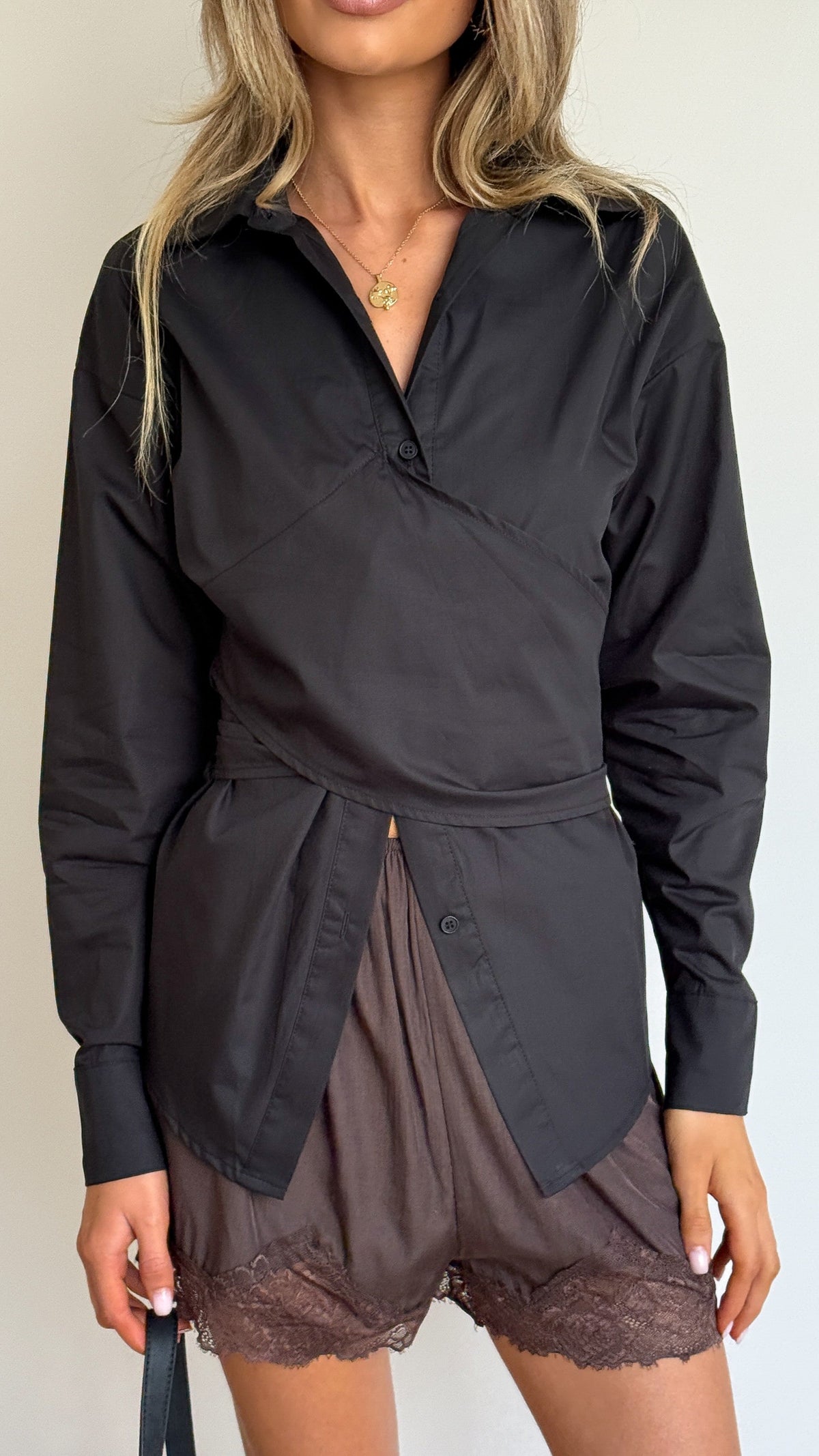 Ayla Collared Button Up Wrap Waist Long Sleeve Shirt – Black – view 4