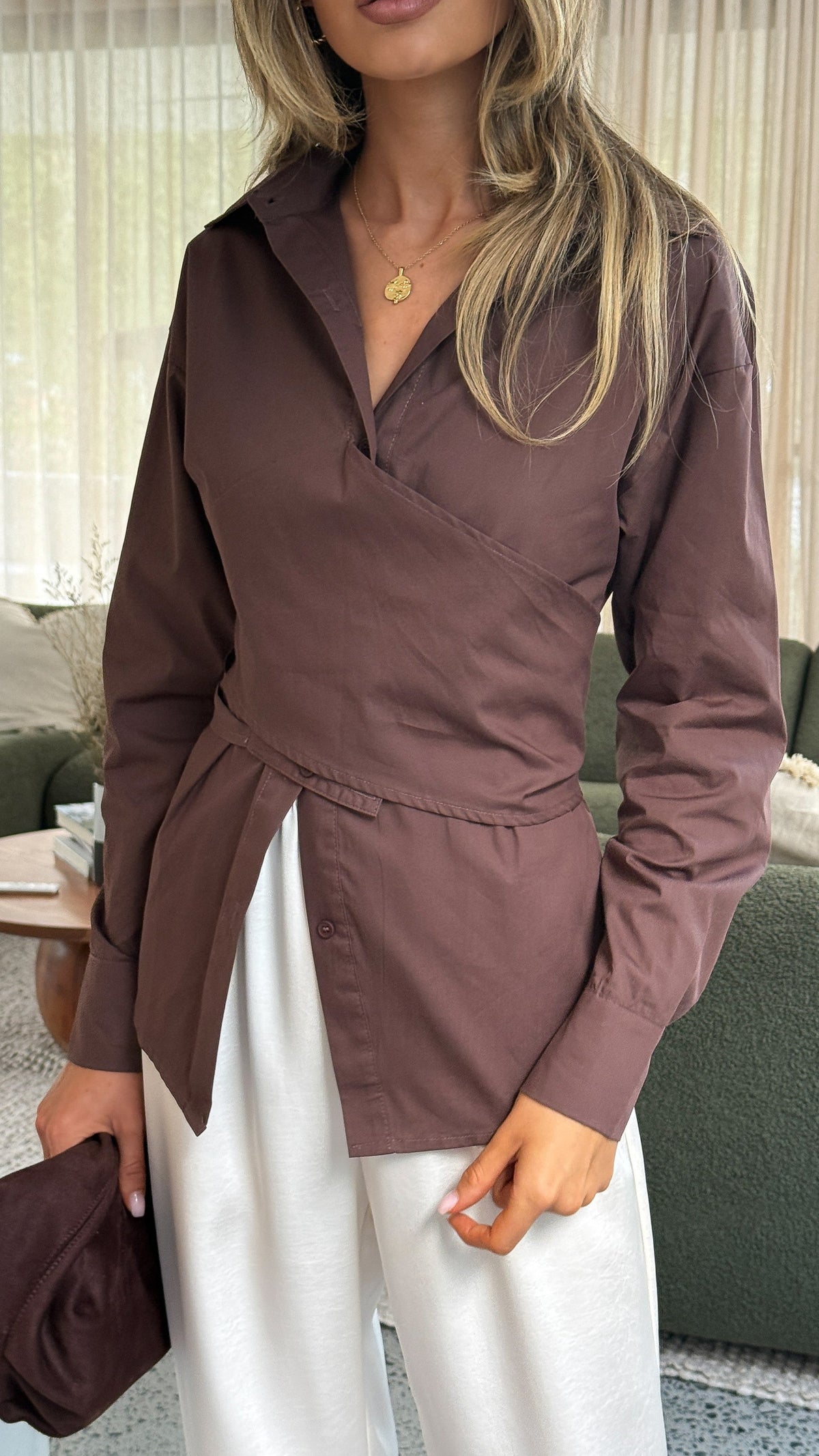 Ayla Collared Button Up Wrap Waist Long Sleeve Shirt – Chocolate – view 5