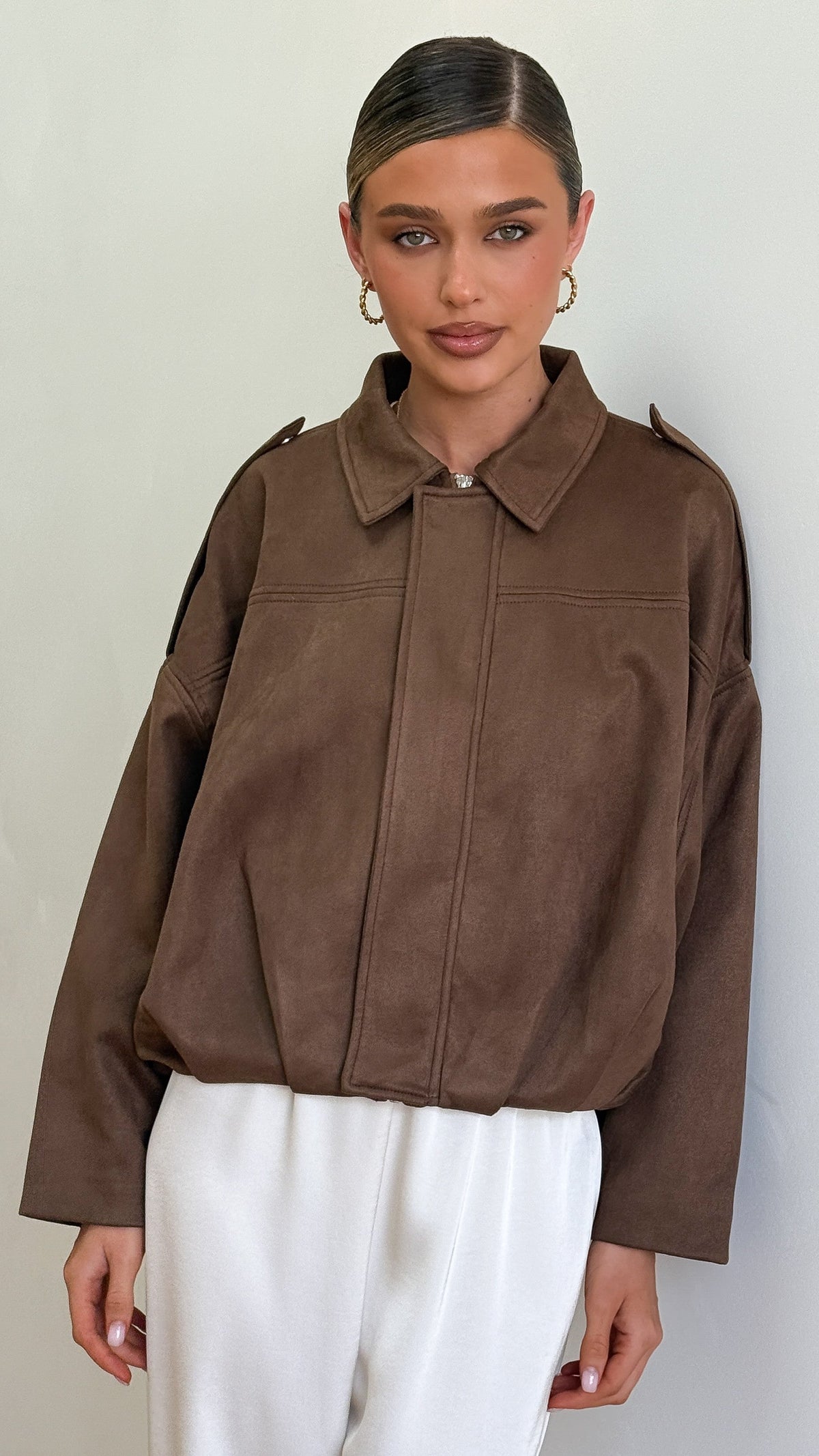 Phoenix Faux Suede Collared Bomber Jacket with Bubble Hem – Brown – view 5