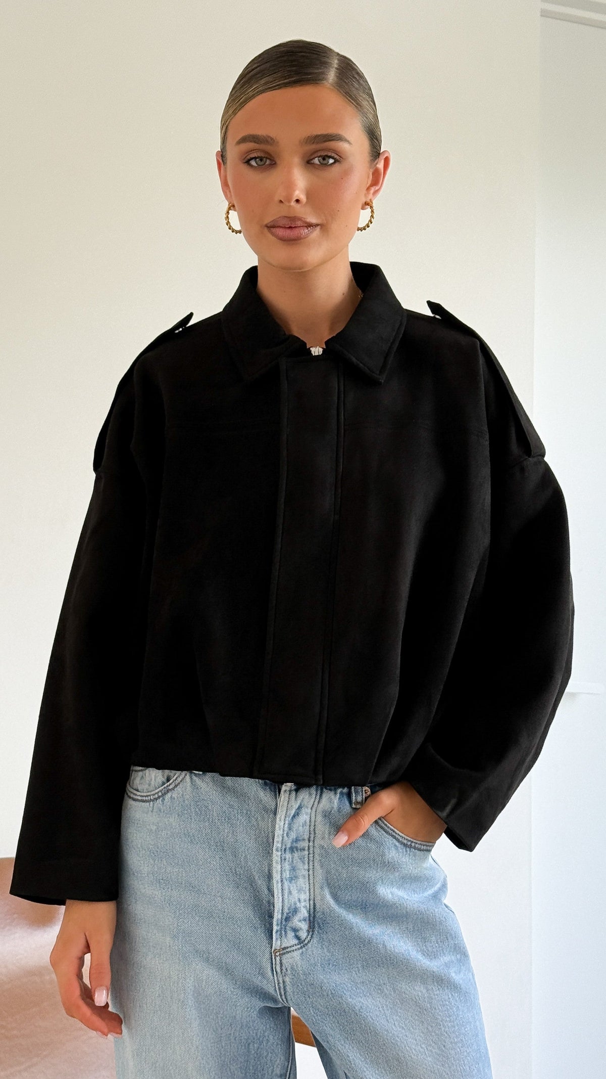 Phoenix Faux Suede Collared Bomber Jacket with Bubble Hem – Black – view 6