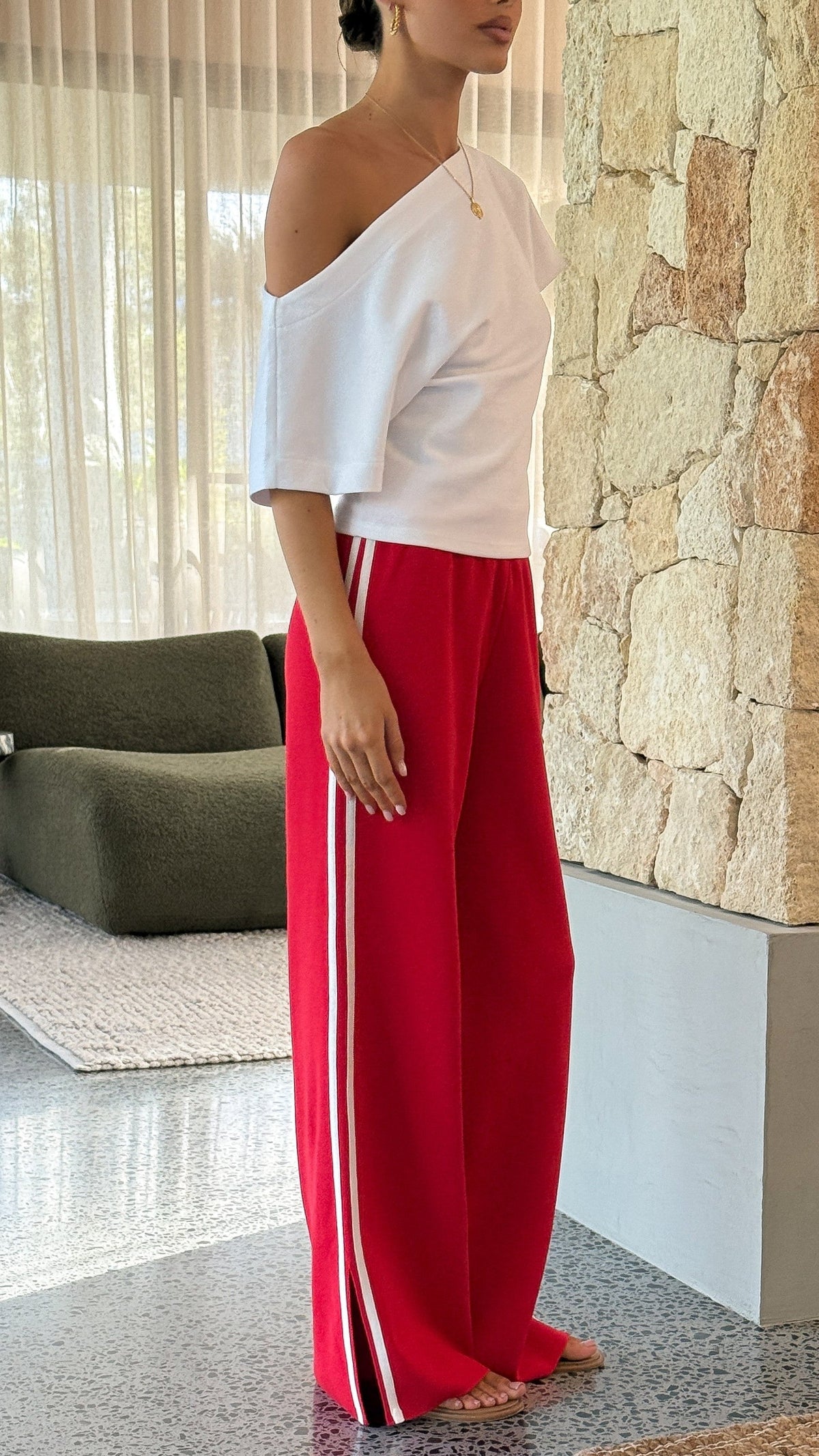 Jaysha High Waisted Ribbed Wide Leg Trousers – Red/White – view 5