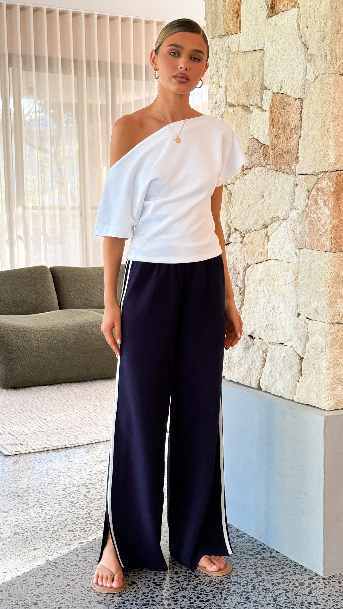 Jaysha High Waisted Ribbed Wide Leg Trousers – Navy/White