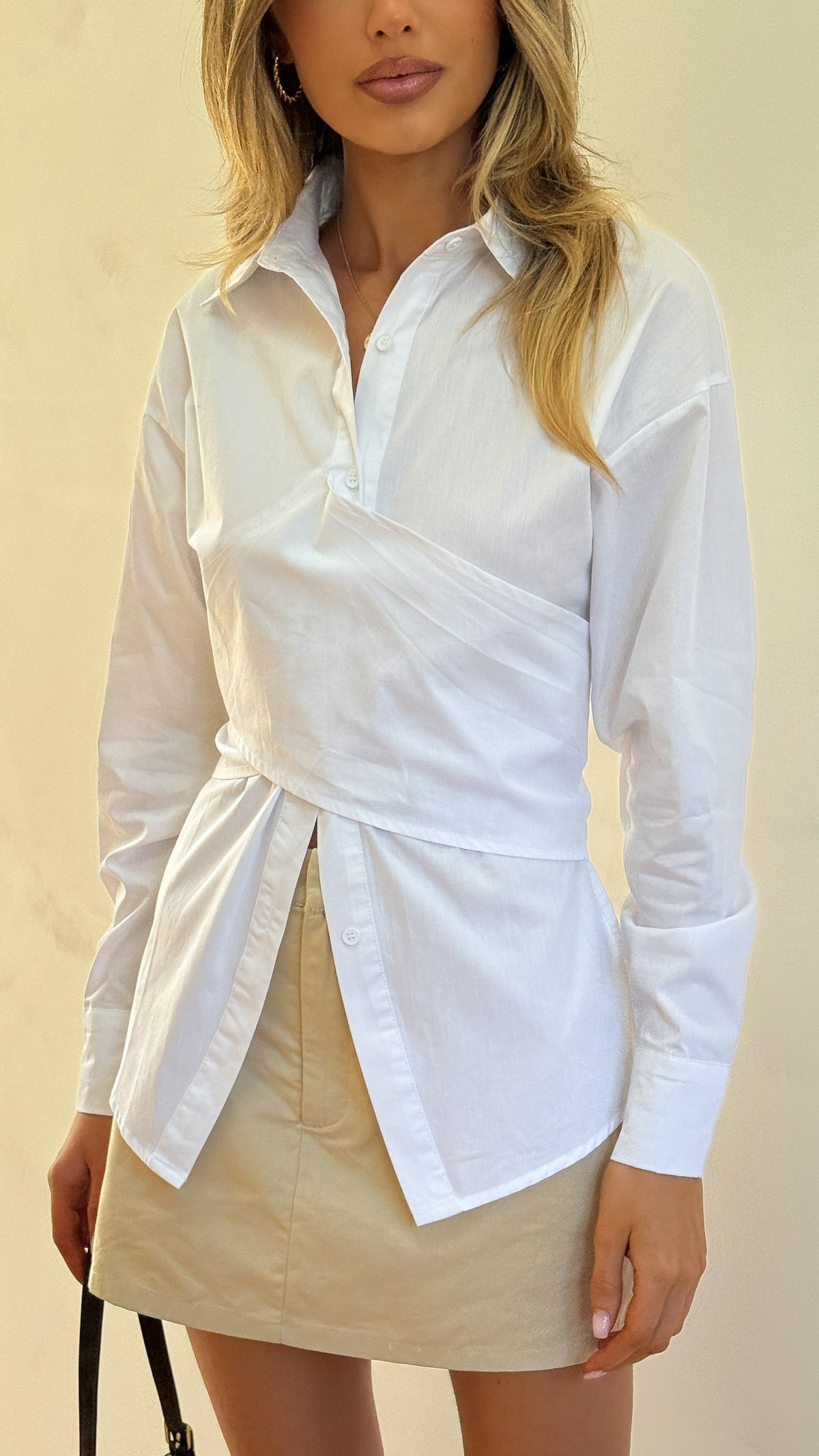 Ayla Collared Button Up Wrap Waist Long Sleeve Shirt – White – view 4