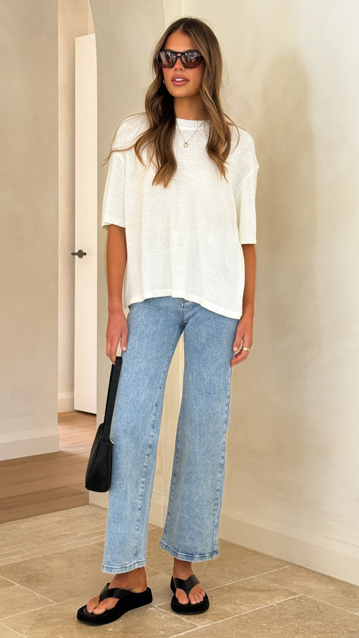Annalise Semi-Sheer Boxy Crew Neck Knit Top – White – view 6