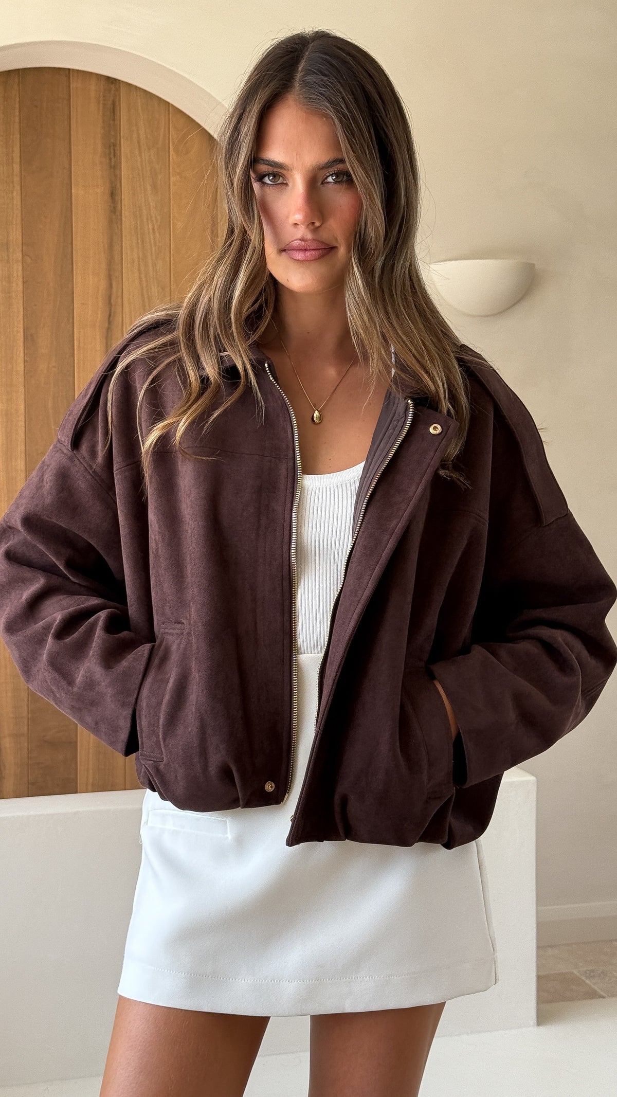 Leela Faux Suede Collared Bomber Jacket with Bubble Hem – Brown – view 9