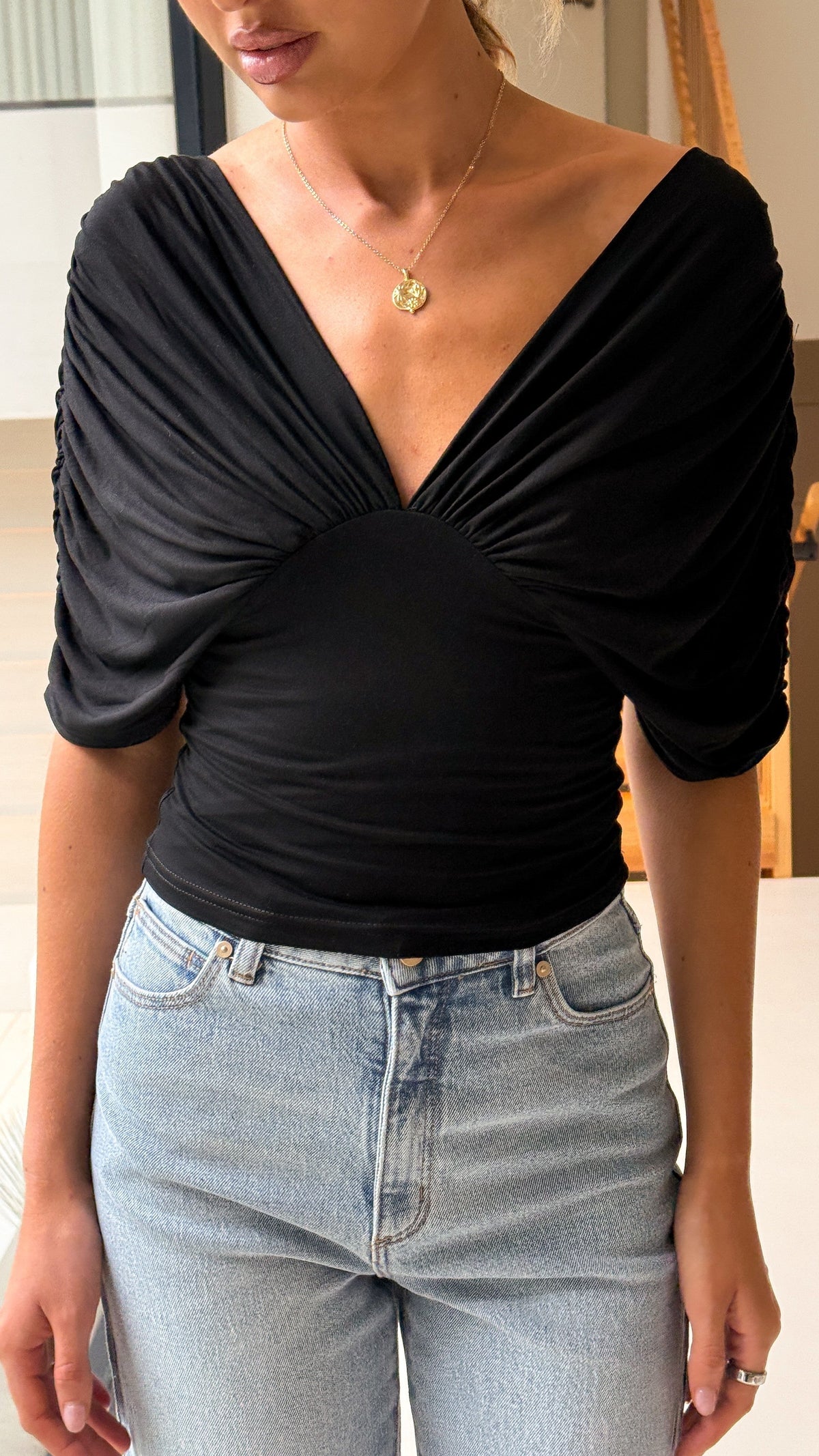 Kasia V-Neck Short Bat Sleeve Top with V-Back – Black – view 5