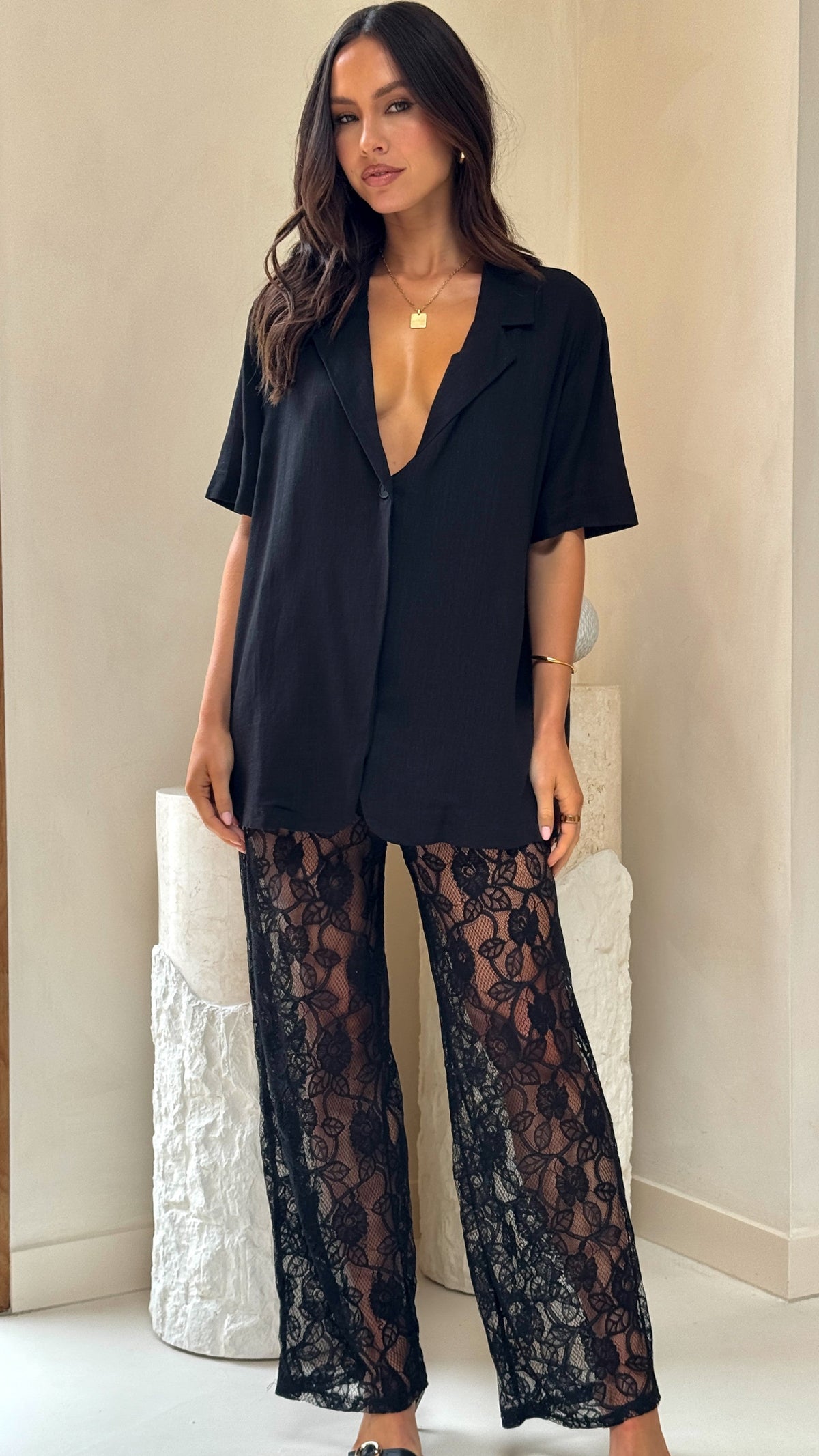 Baxter Sheer Lace Elasticated Waist Relaxed Leg Trousers – Black – view 5