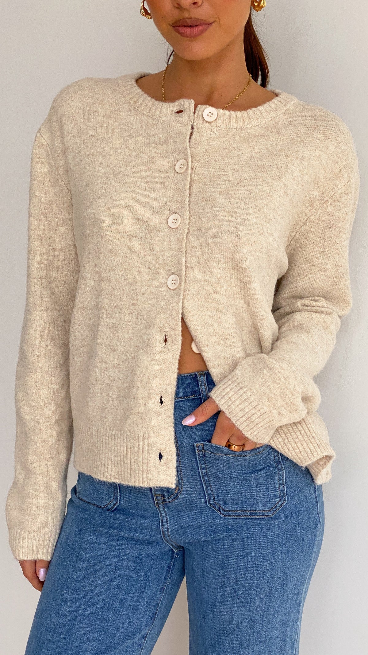 Carinna Relaxed Button-Front Knit Jumper – Beige – view 3