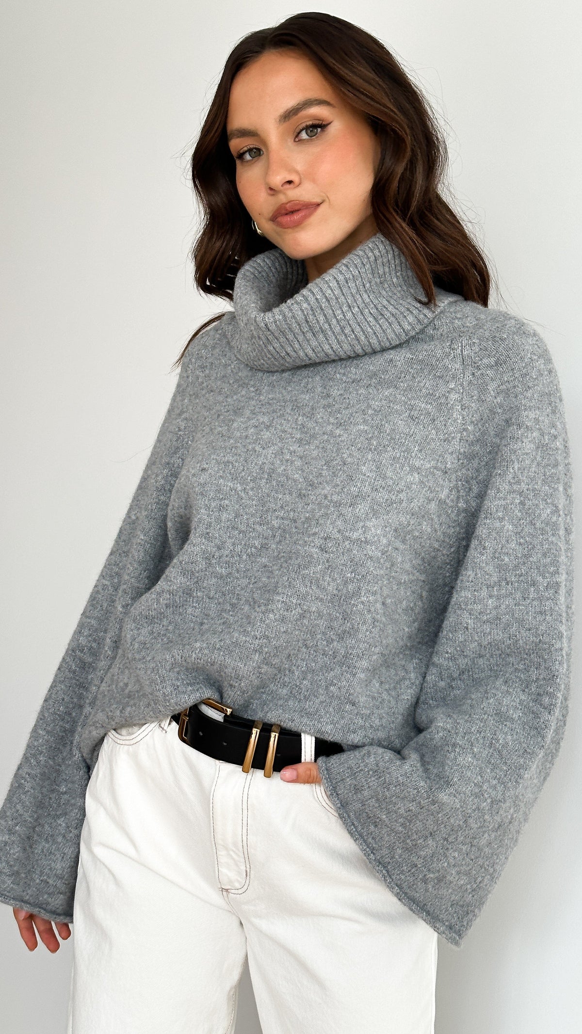 Jacques Ribbed Cowl Neck Wide Sleeve Knit Jumper – Grey – view 7