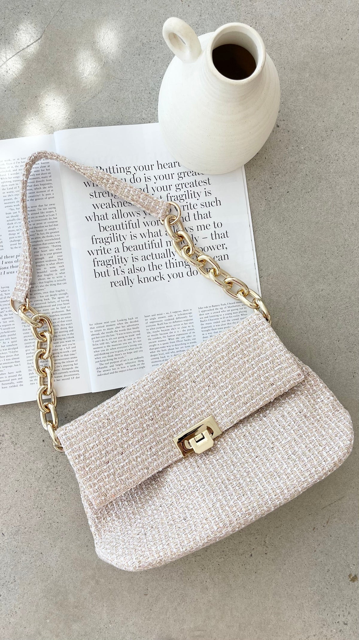 Fion Sequin Detail Boucle Bag with Chunky Chain Strap – Camel – view 1