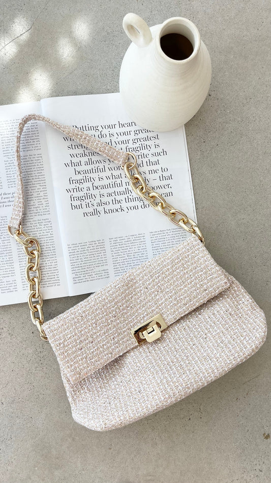 Fion Sequin Detail Boucle Bag with Chunky Chain Strap – Camel