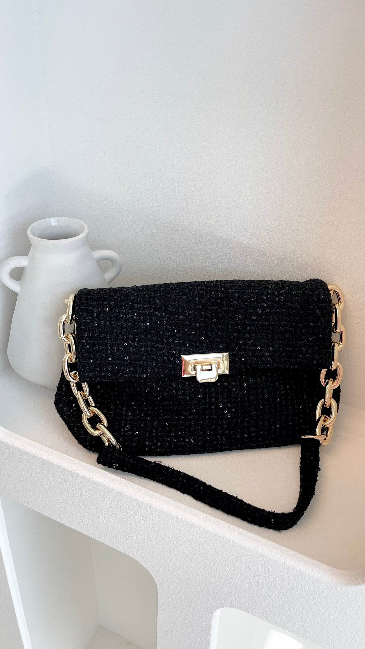 Fion Sequin Detail Boucle Bag with Chunky Chain Strap – Black – view 3