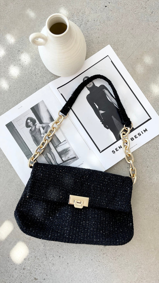 Fion Sequin Detail Boucle Bag with Chunky Chain Strap – Black