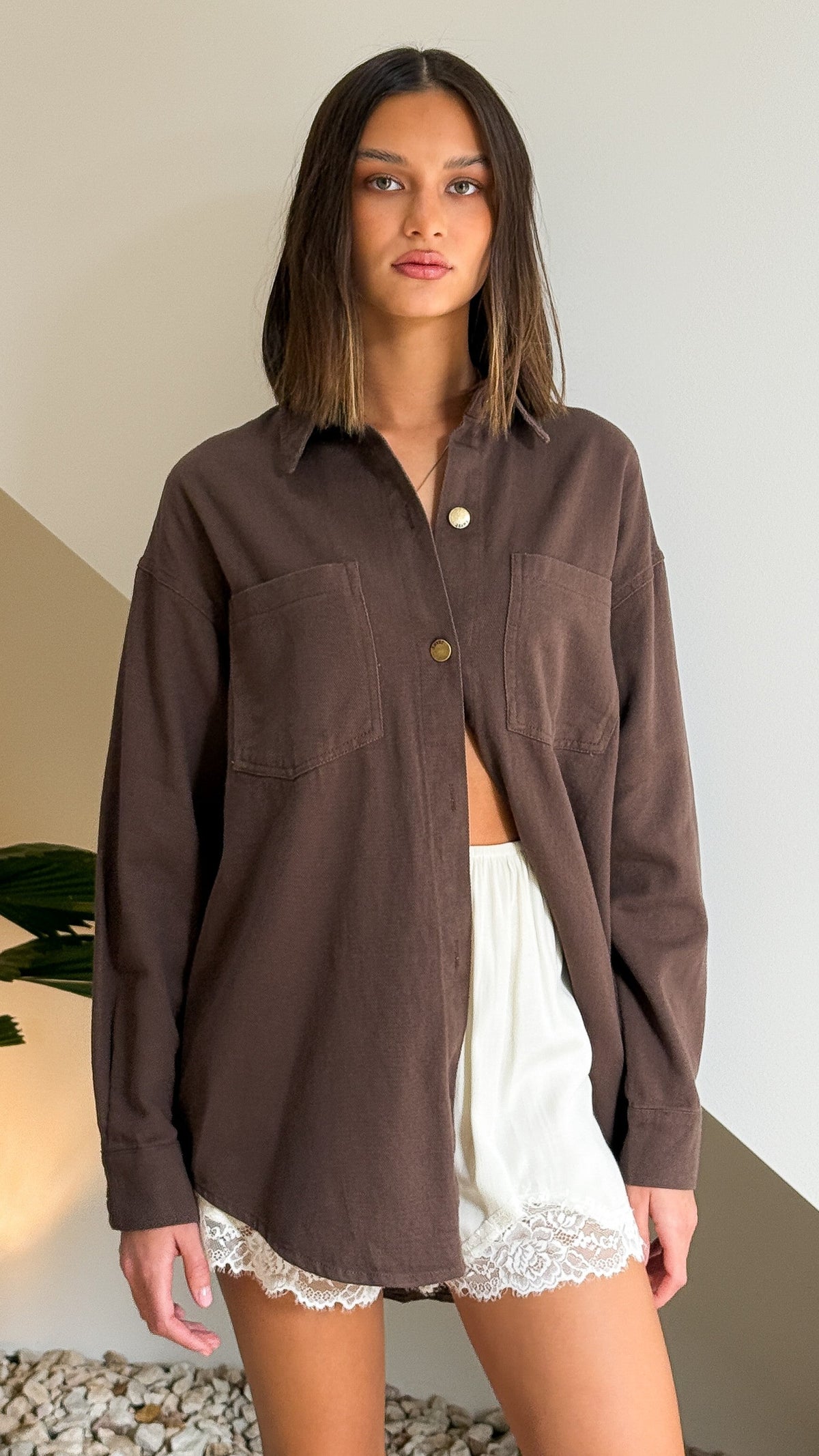 Helia Oversized Longline Denim Shacket with Pockets – Chocolate