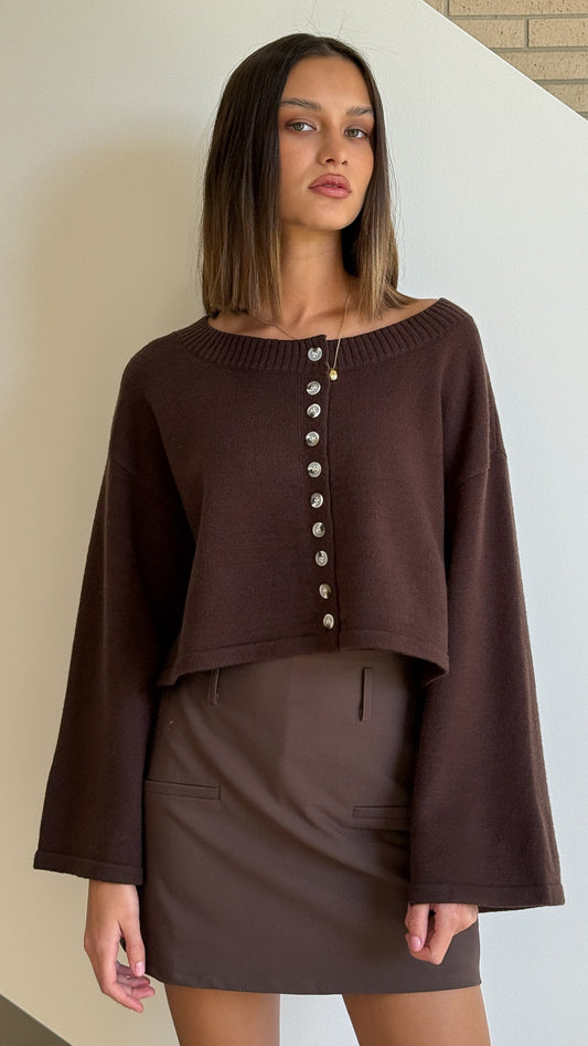 Isako Wide Neck Button Up Boxy Knit Top – Brown