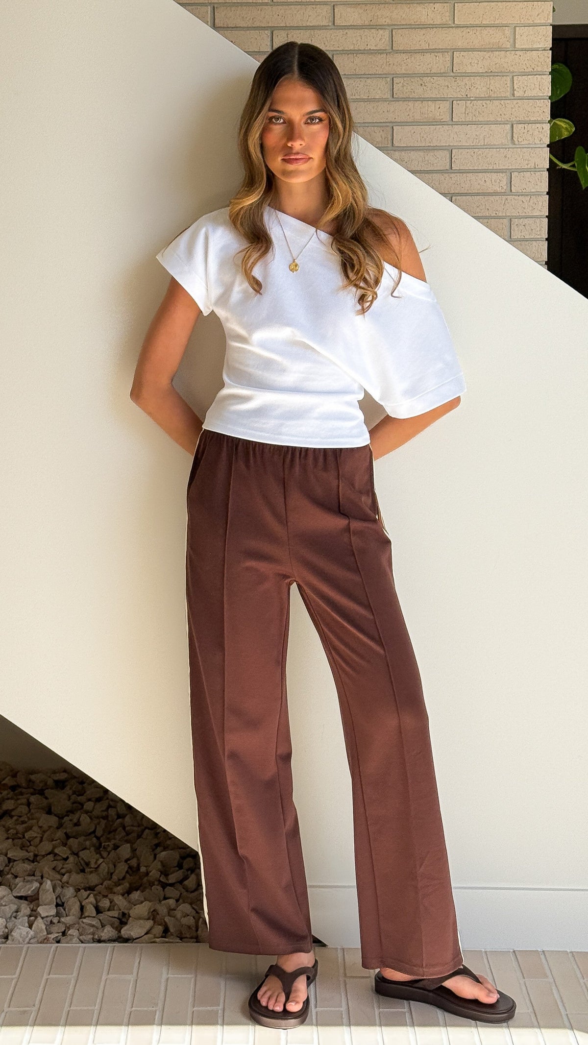 Isaiah Racer Stripe Pleated High Waisted Trackpants – Chocolate/Cream – view 5