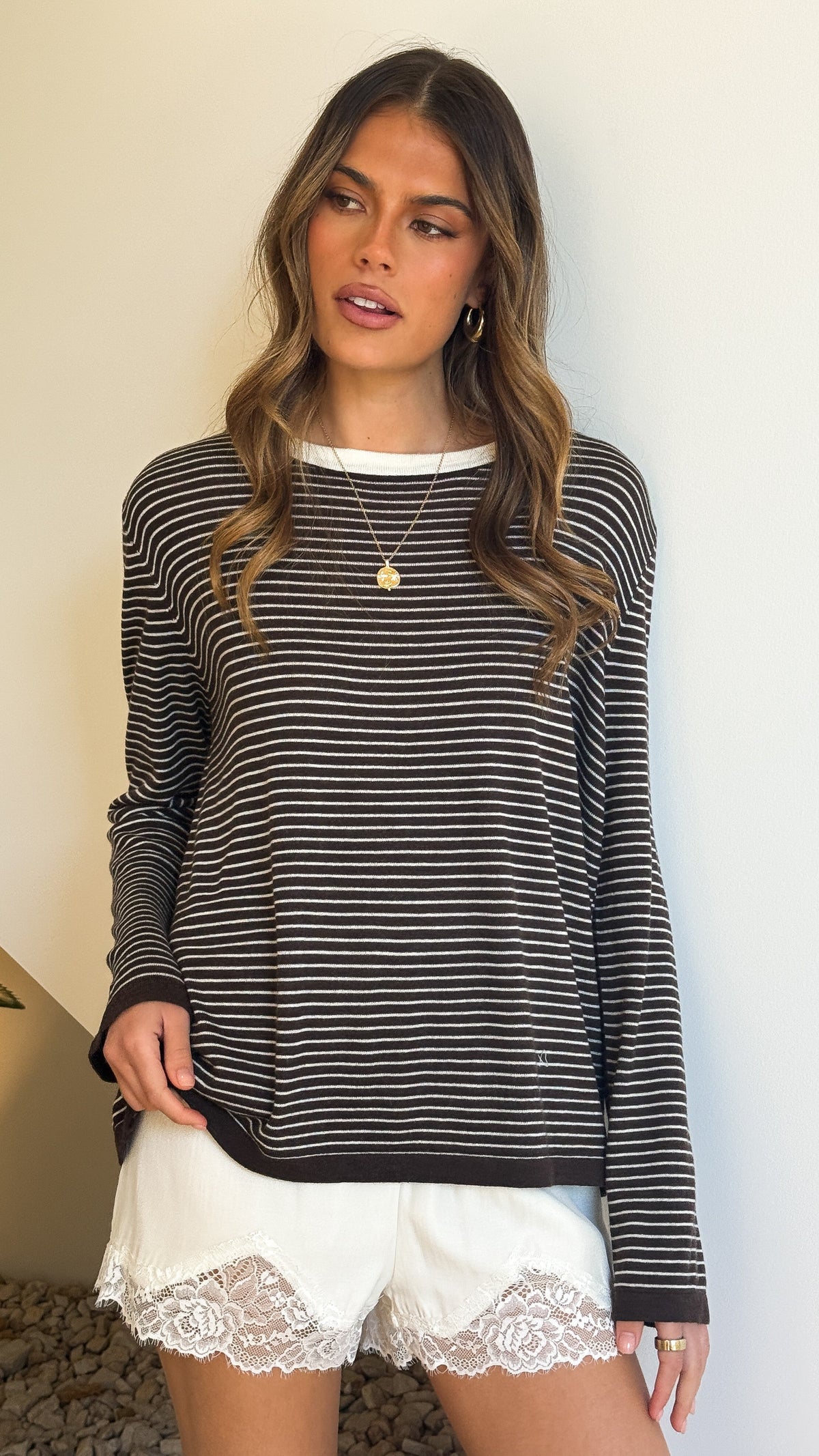 Ishana Crew Neck Relaxed Soft Knit Long Sleeve Top – Brown Stripe – view 4