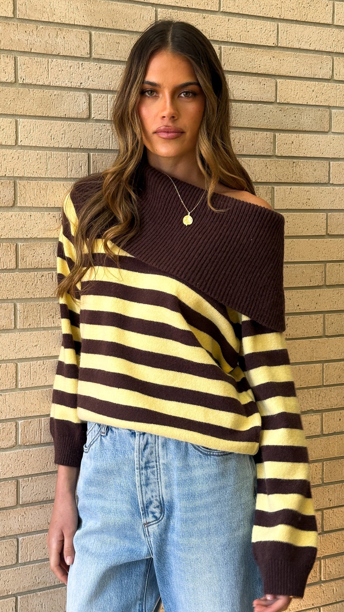 Henna Off Shoulder Fold Over Bust Knit Jumper – Yellow/Chocolate Stripe – view 6