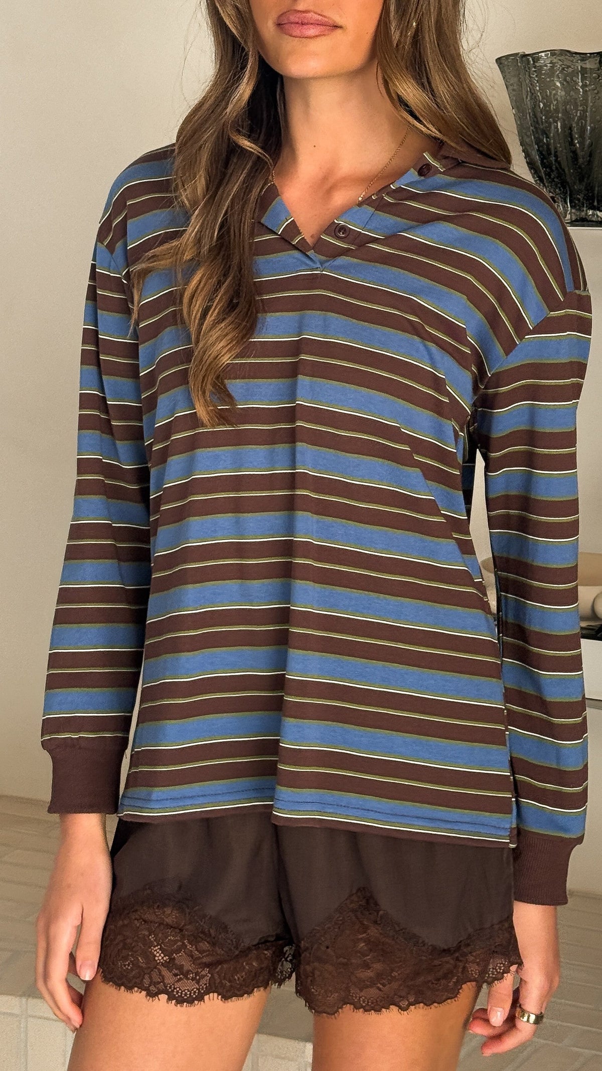 Jayana Collared Boxy Jersey Top with Ribbed Cuffs – Blue/Green/Choc Stripe – view 4