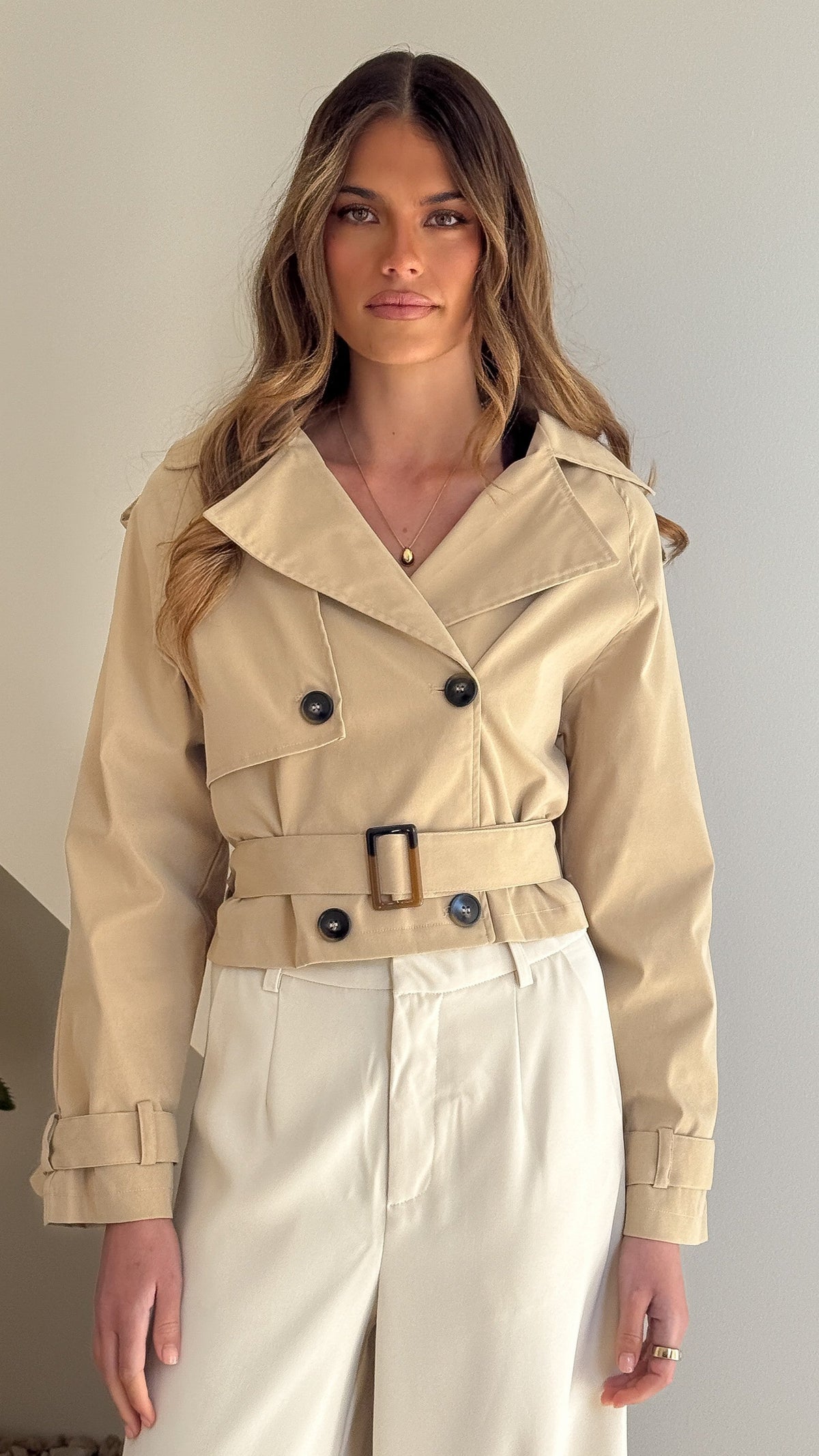 Deena Cropped Belted Coat with Collar and Shoulder Straps – Beige