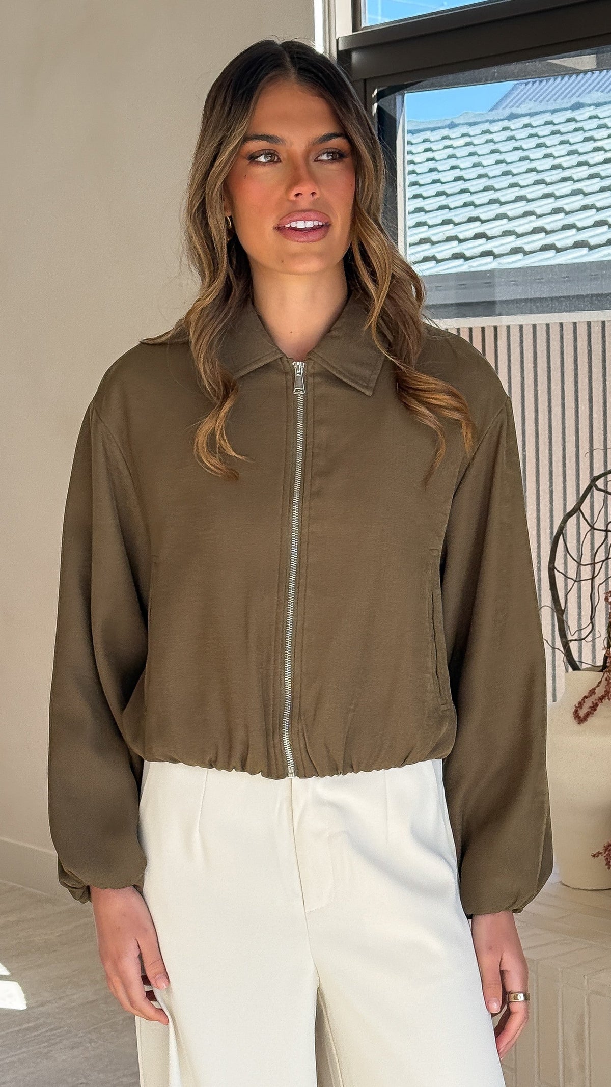 Brax Collared Bomber Jacket with Bubble Hem – Khaki – view 6