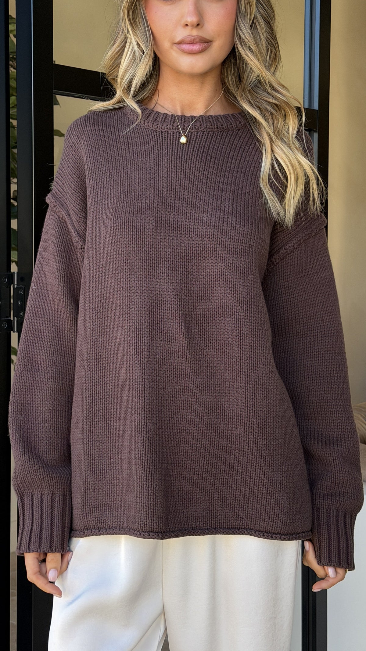 Hayden Boxy Crew Neck Rolled Hem Knit Jumper – Chocolate – view 1