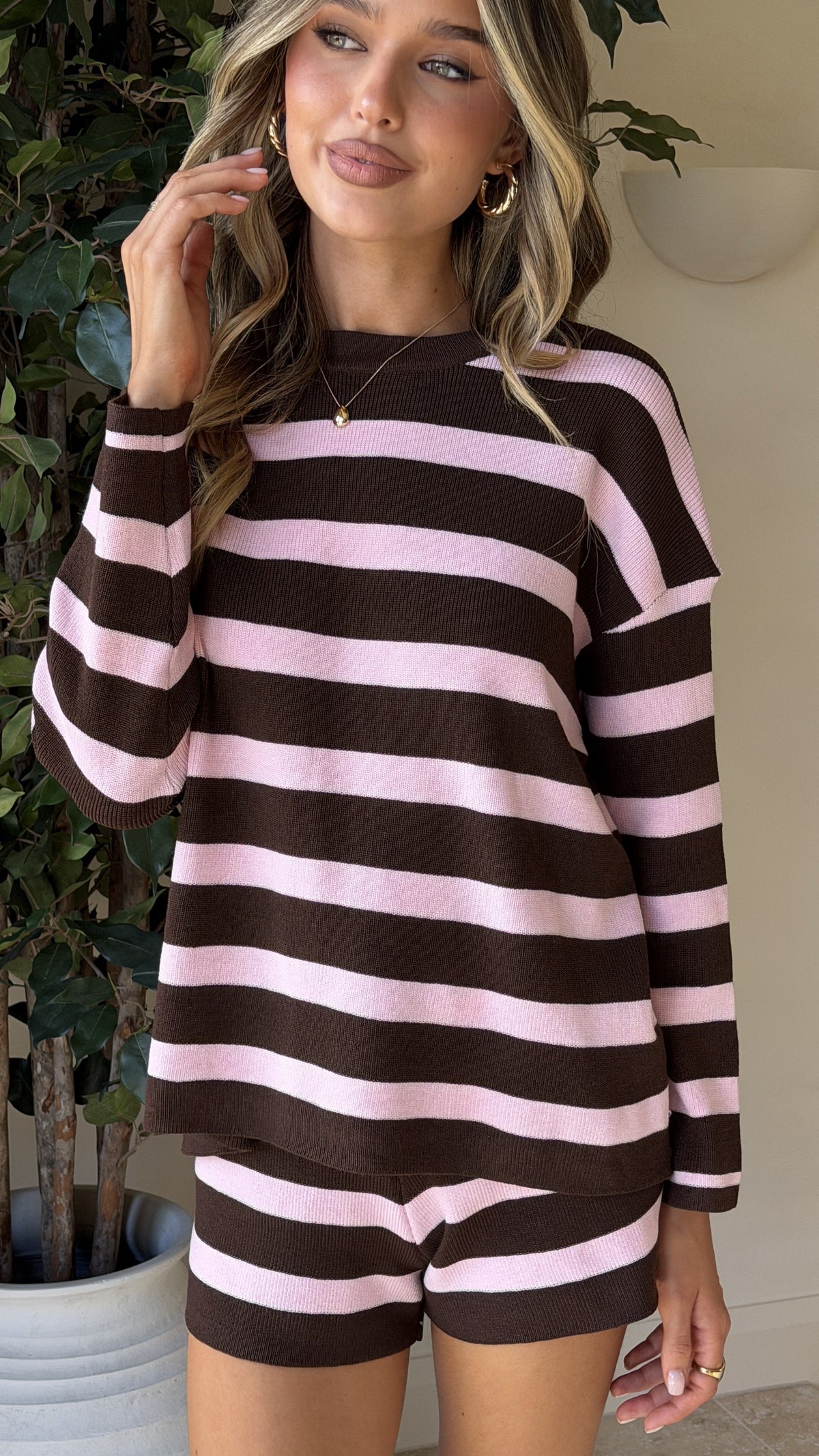 Jaeden Boxy Long Sleeve Top and Fitted Shorts Set – Pink/Chocolate Stripe – view 6