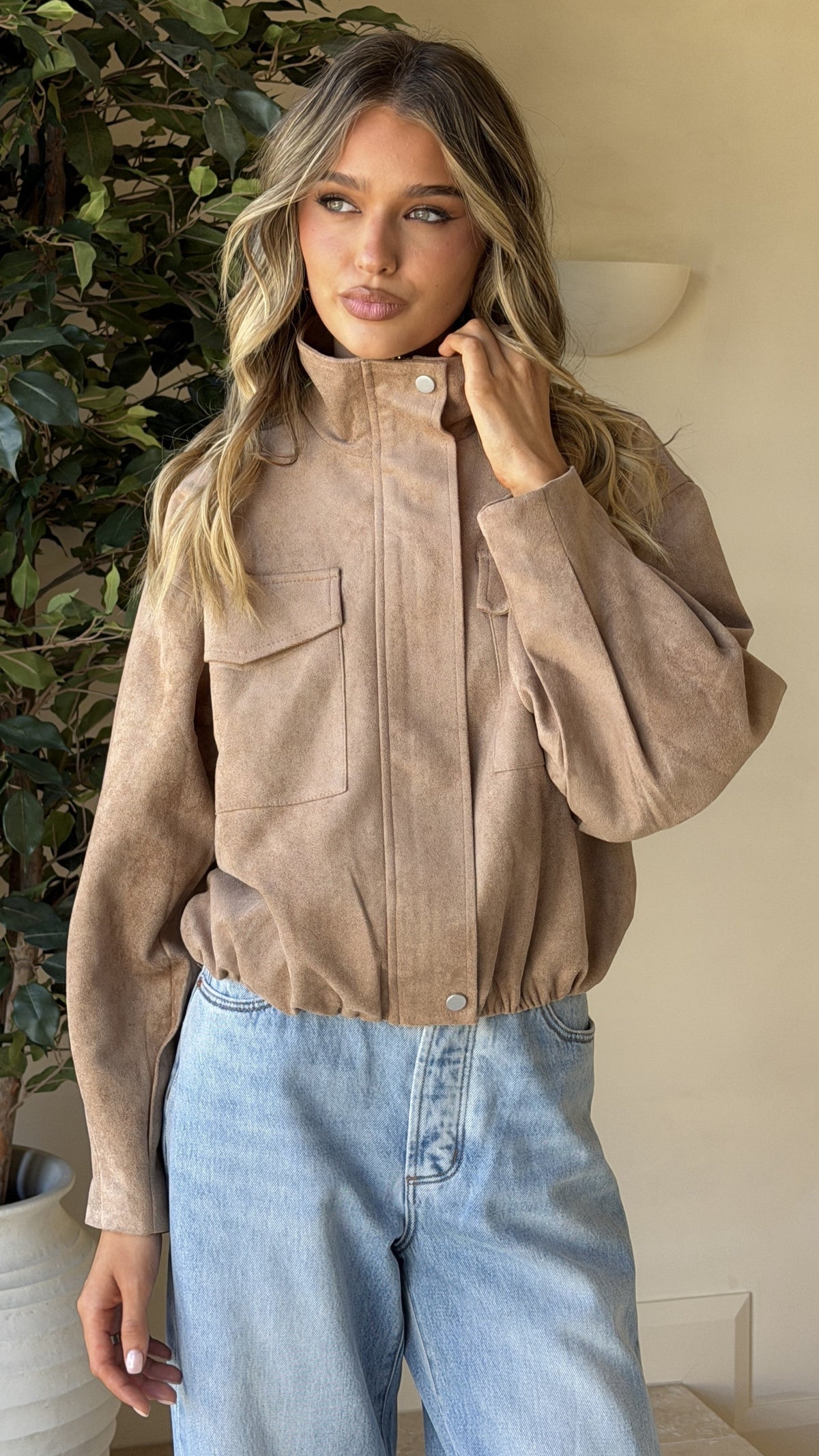 Josh Faux Suede Funnel Neck Jacket with Bubble Hem – Beige – view 8