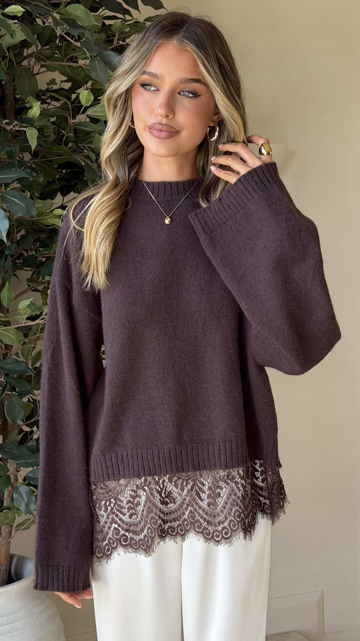 Kylan Boxy Crew Neck Wide Sleeve Knit Jumper with Lace Trim – Brown – view 3