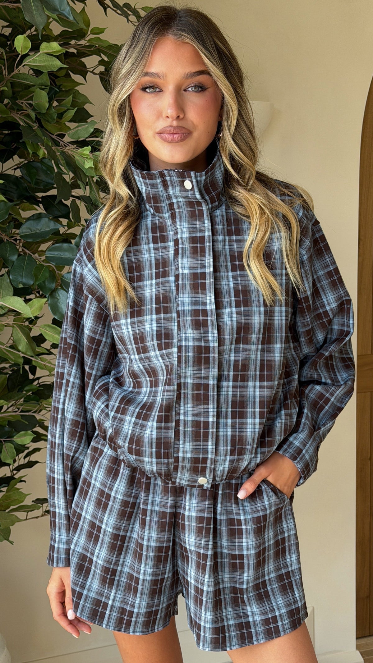 Ivana Funnel Neck Zip Jacket and Shorts Set – Brown/Blue Plaid – view 5