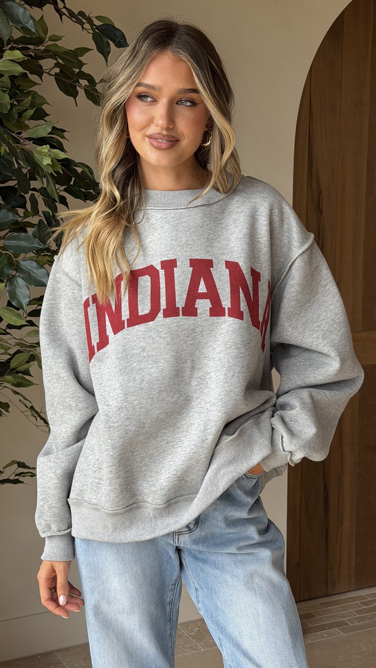 Indiana Boxy Crew Neck Jumper with Red Slogan Text – Grey – view 4