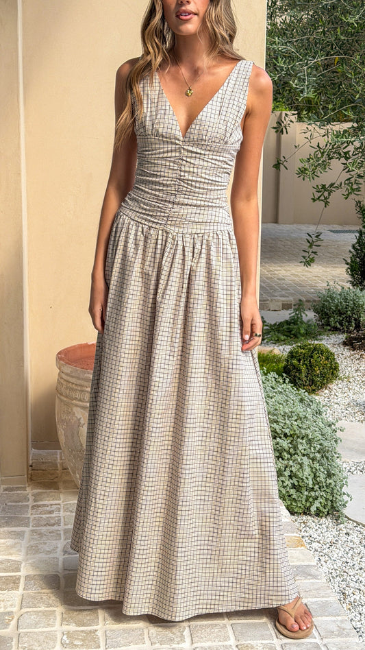 Sanya Cotton V-Neck A-Line Maxi Dress with Wide Straps – Beige Check – view 2