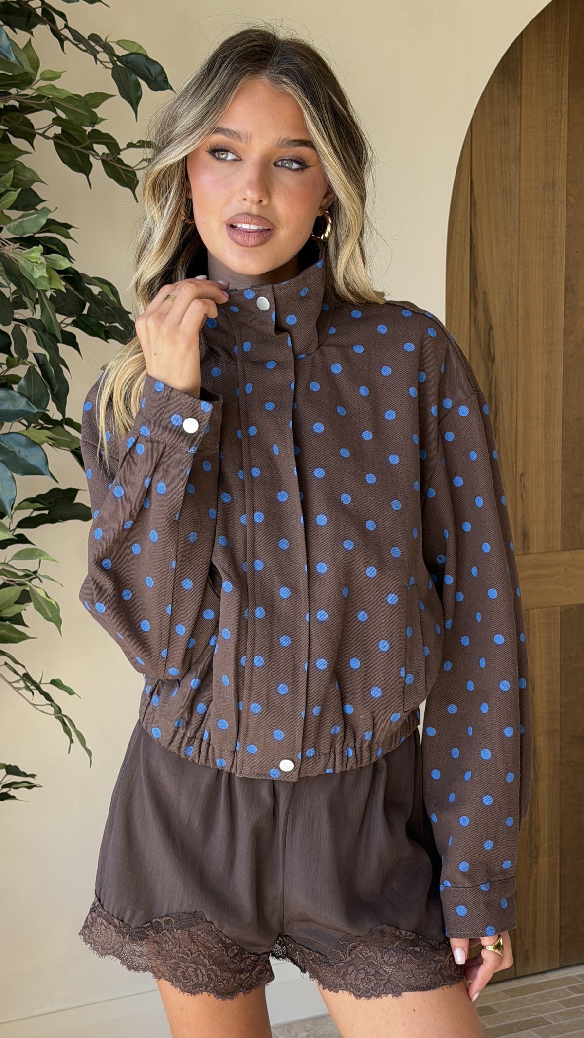 Nessie Funnel Neck Cotton Jacket with Bubble Hem – Chocolate/Blue Polka – view 6