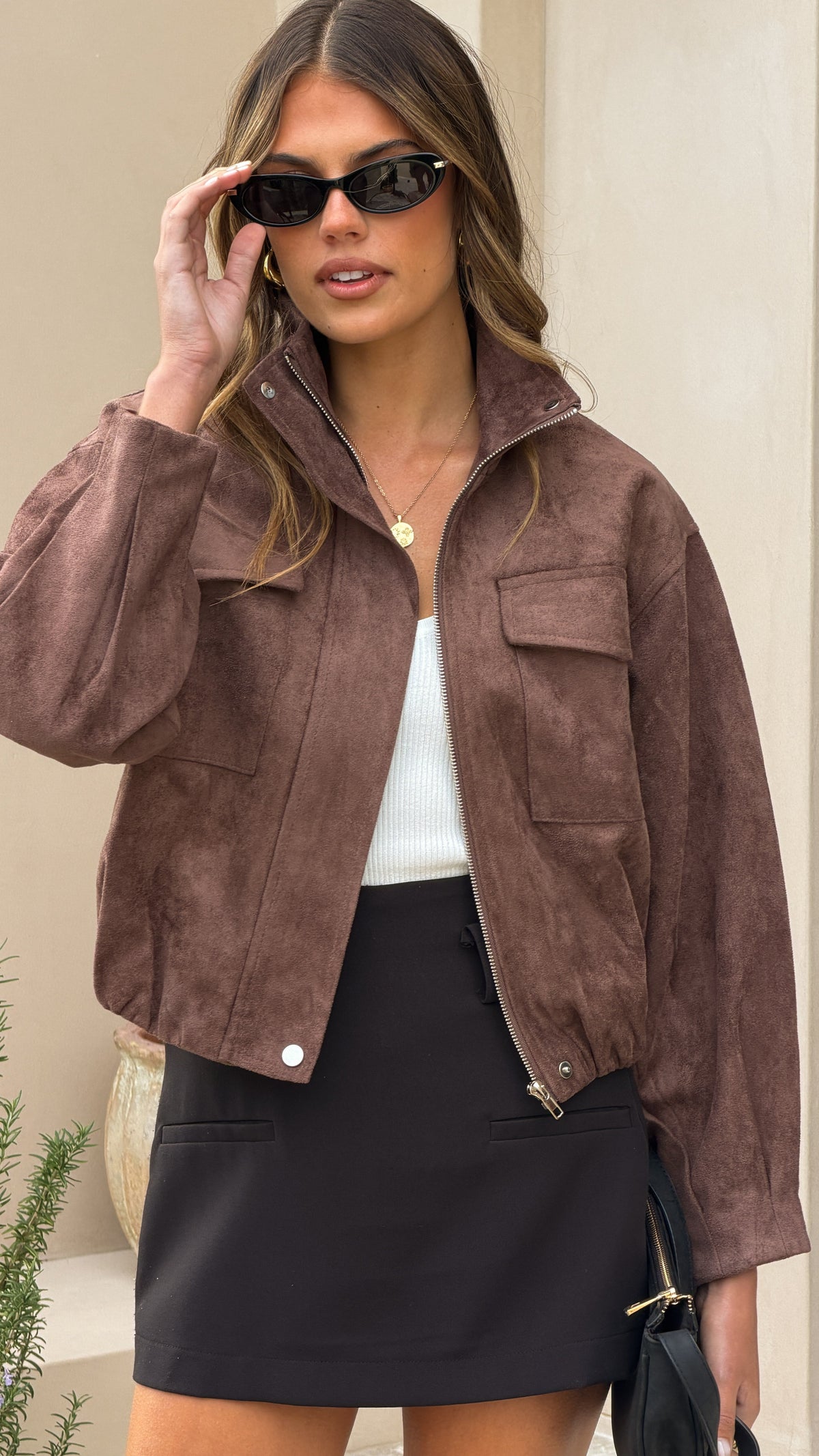Josh Faux Suede Funnel Neck Jacket with Bubble Hem – Chocolate – view 6