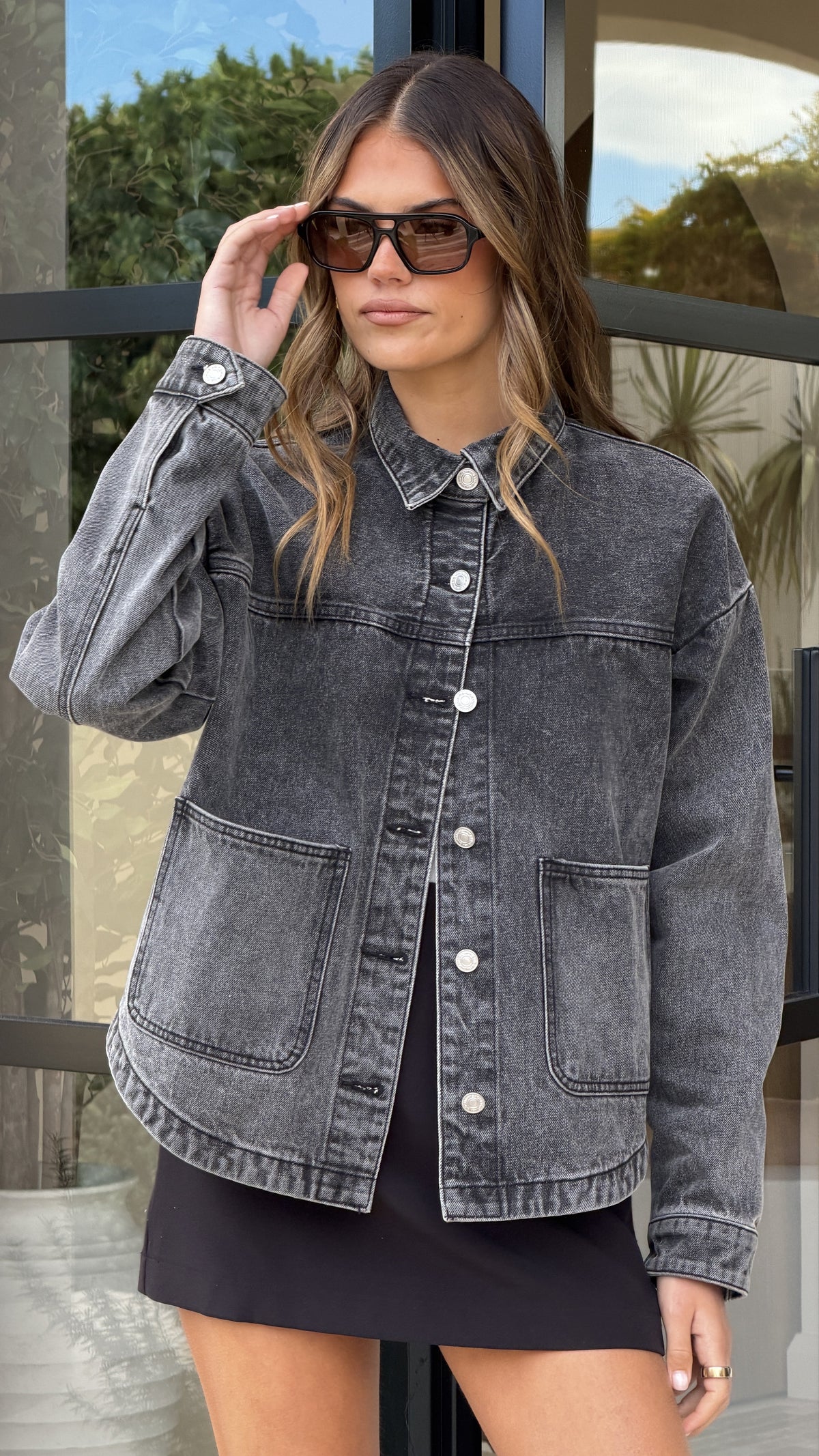 Franklyn Collared Cotton Denim Jacket with Silver Buttons – Black Wash – view 7