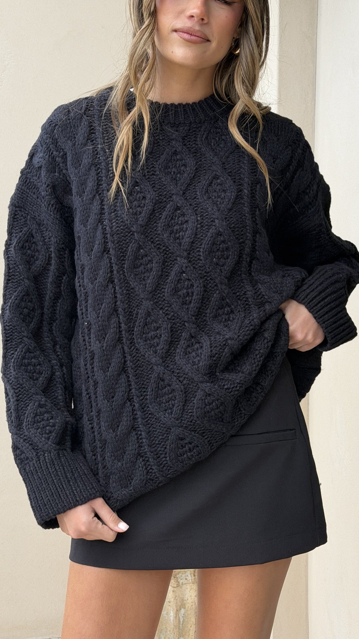Valentina Crew Neck Boxy Cable Knit Jumper – Black – view 7