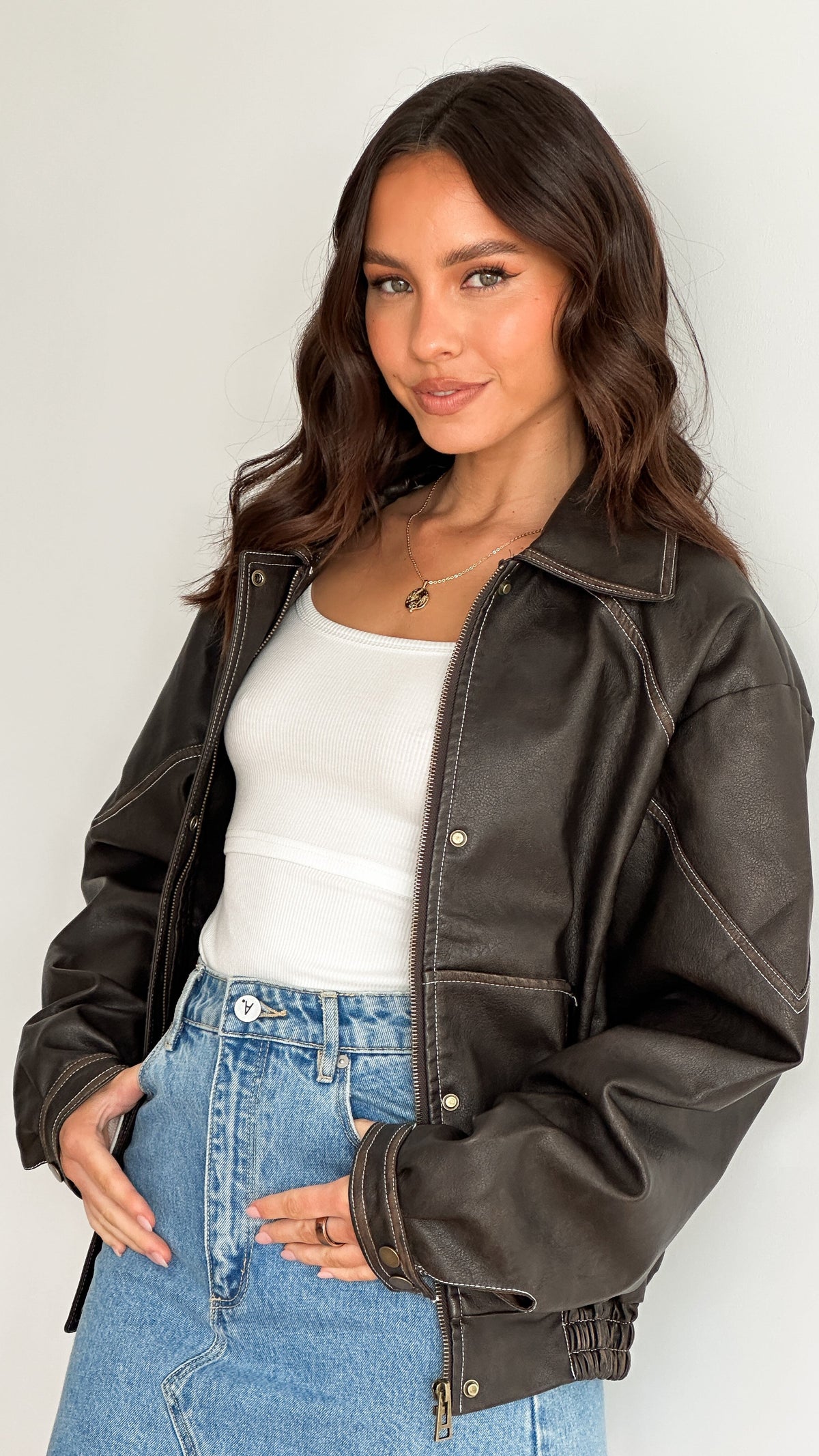 Jagger Faux Leather Collared Bomber Jacket – Vintage Charcoal Brown – view 3