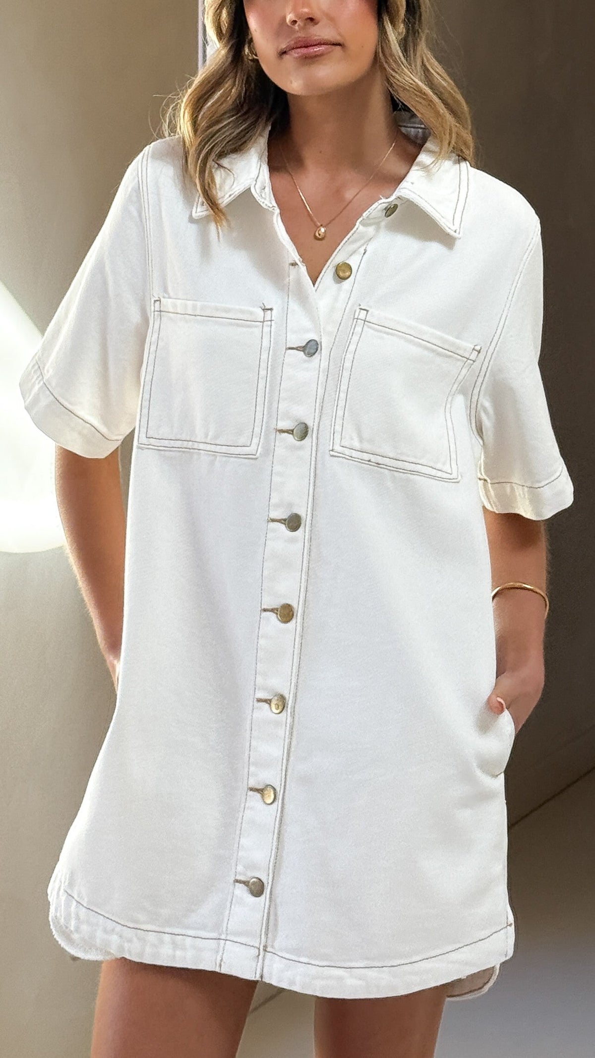 Rayna Button-Down Denim Mini Dress with Bust Pockets – White – view 6