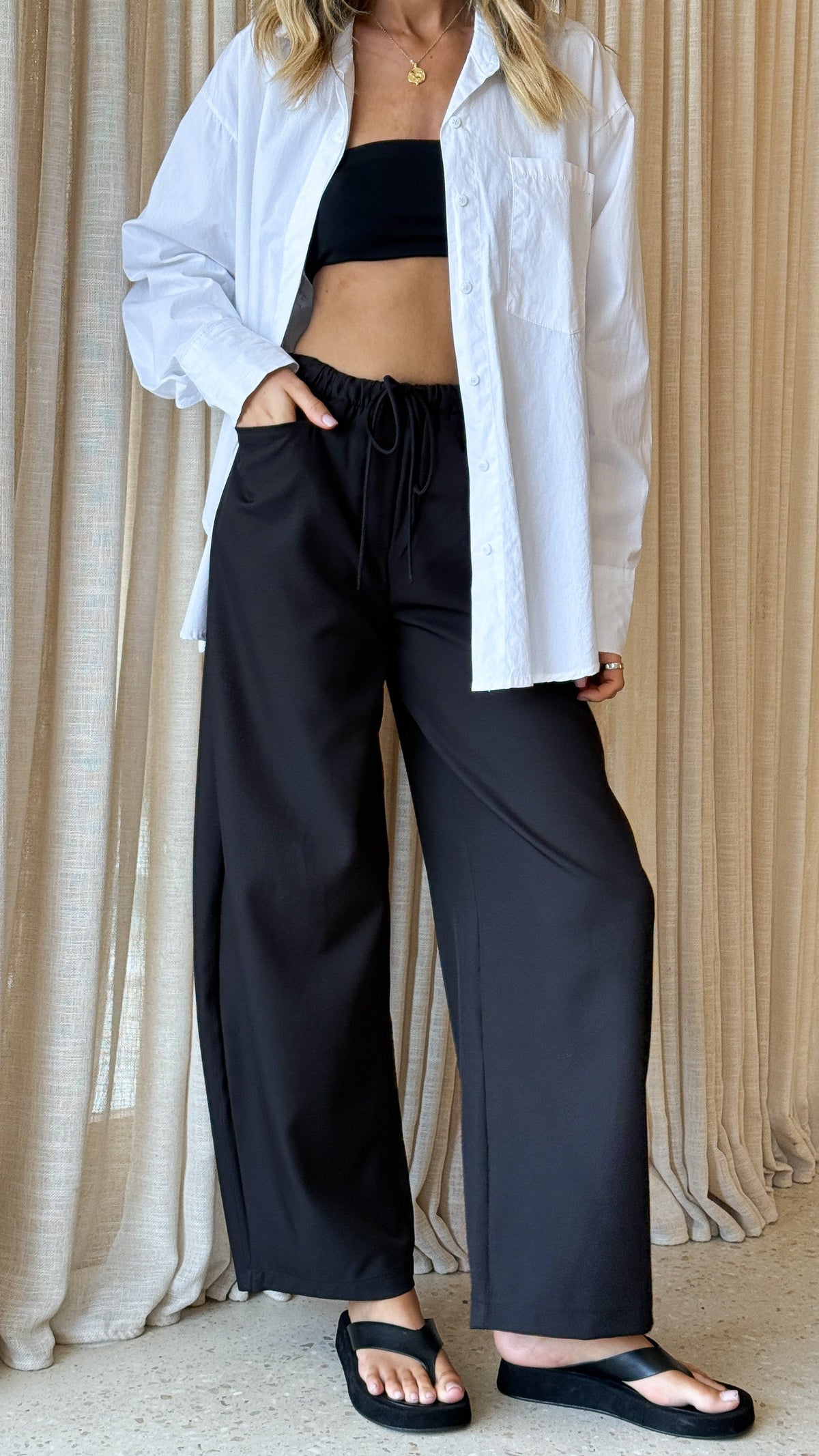 Hayden High Waisted Wide Leg Tie Waist Trousers – Black – view 4