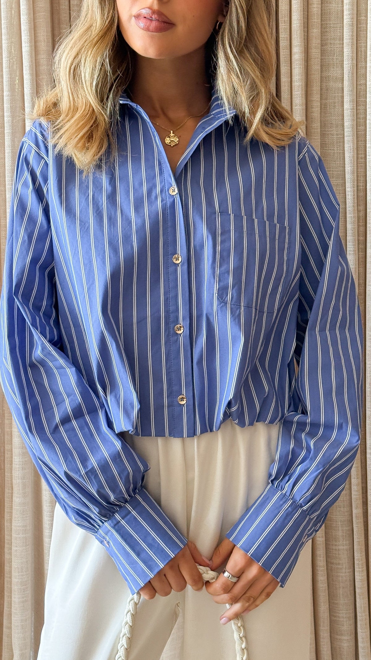 Rita Cropped Collared Shirt with Elasticated Hem – Blue/White Stripe – view 4