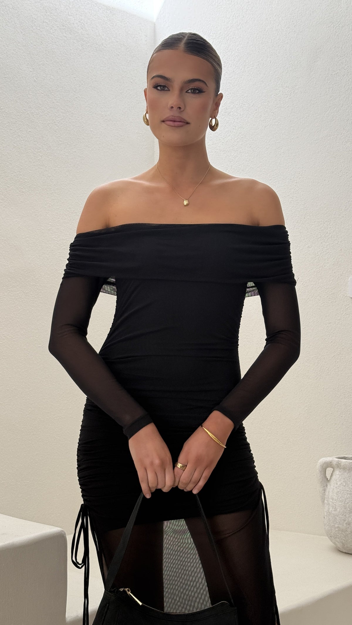 Isadora Off-Shoulder Sheer Sleeve Gathered Maxi Dress – Black – view 16