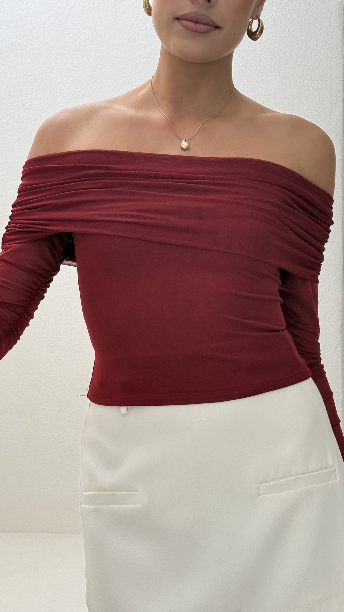 Isadora Gathered Off Shoulder Top with Sheer Sleeves – Wine – view 3