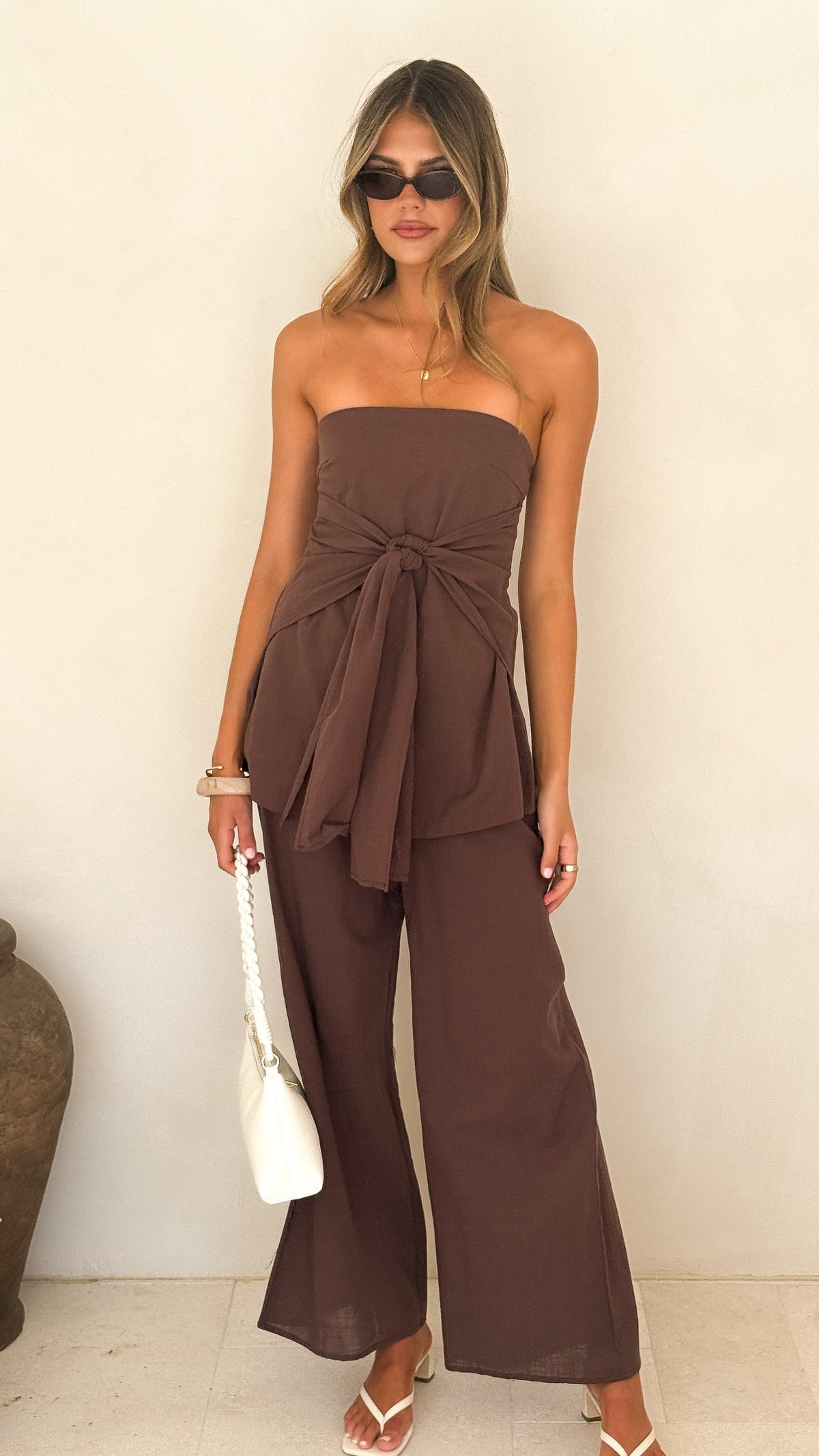 Talia Strapless Tie-Front Linen Blend Top and Wide Leg Trousers Set – Brown – view 4