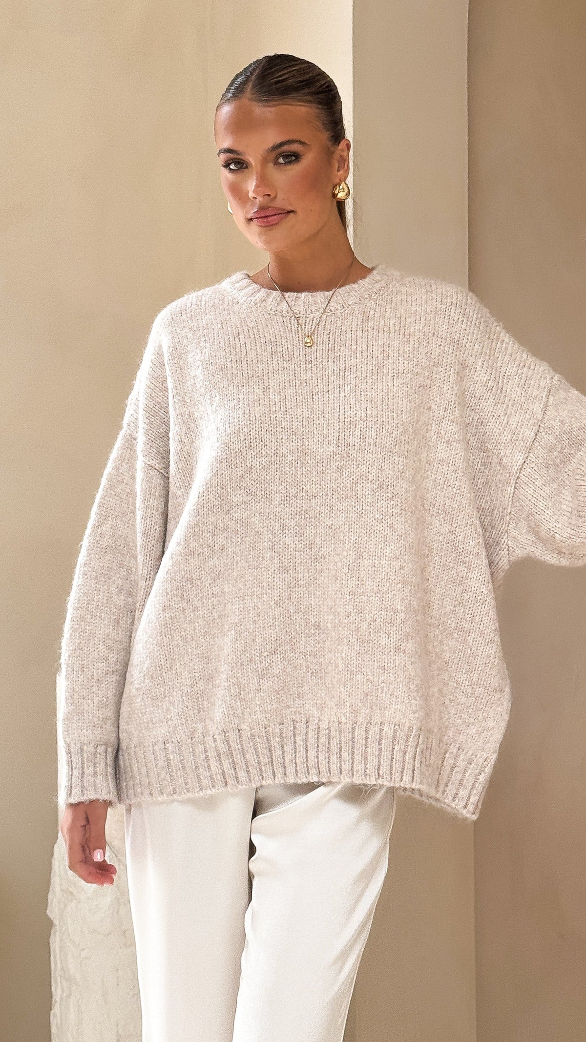 Mila Ribbed High Neck Longline Knit Jumper – Oatmeal – view 6