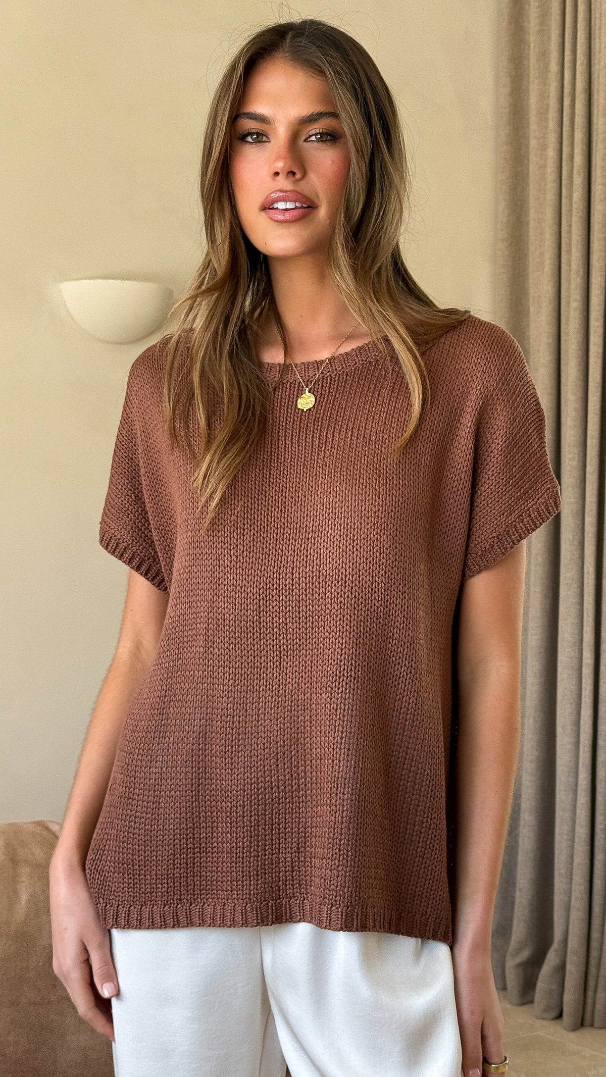 Sophia Off Shoulder Wide Neck Cap Sleeve Knit Top – Chocolate – view 5